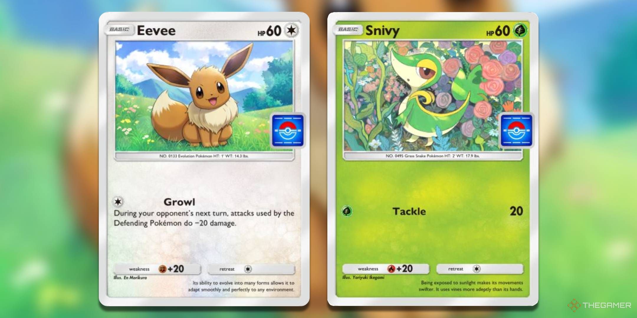 The Eevee and Snivy promo cards, from Pokemon TCG Pocket.