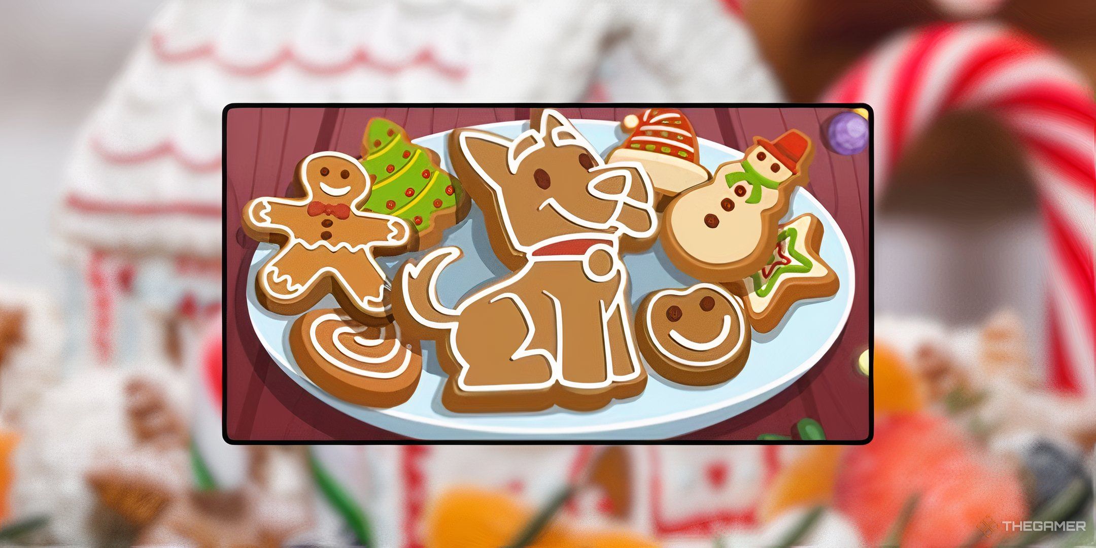Gingerbread cookies shaped like Scottie from Monopoly Go in front of a gingerbread house background for the Gingerbread Partners rewards guide in Monopoly Go,