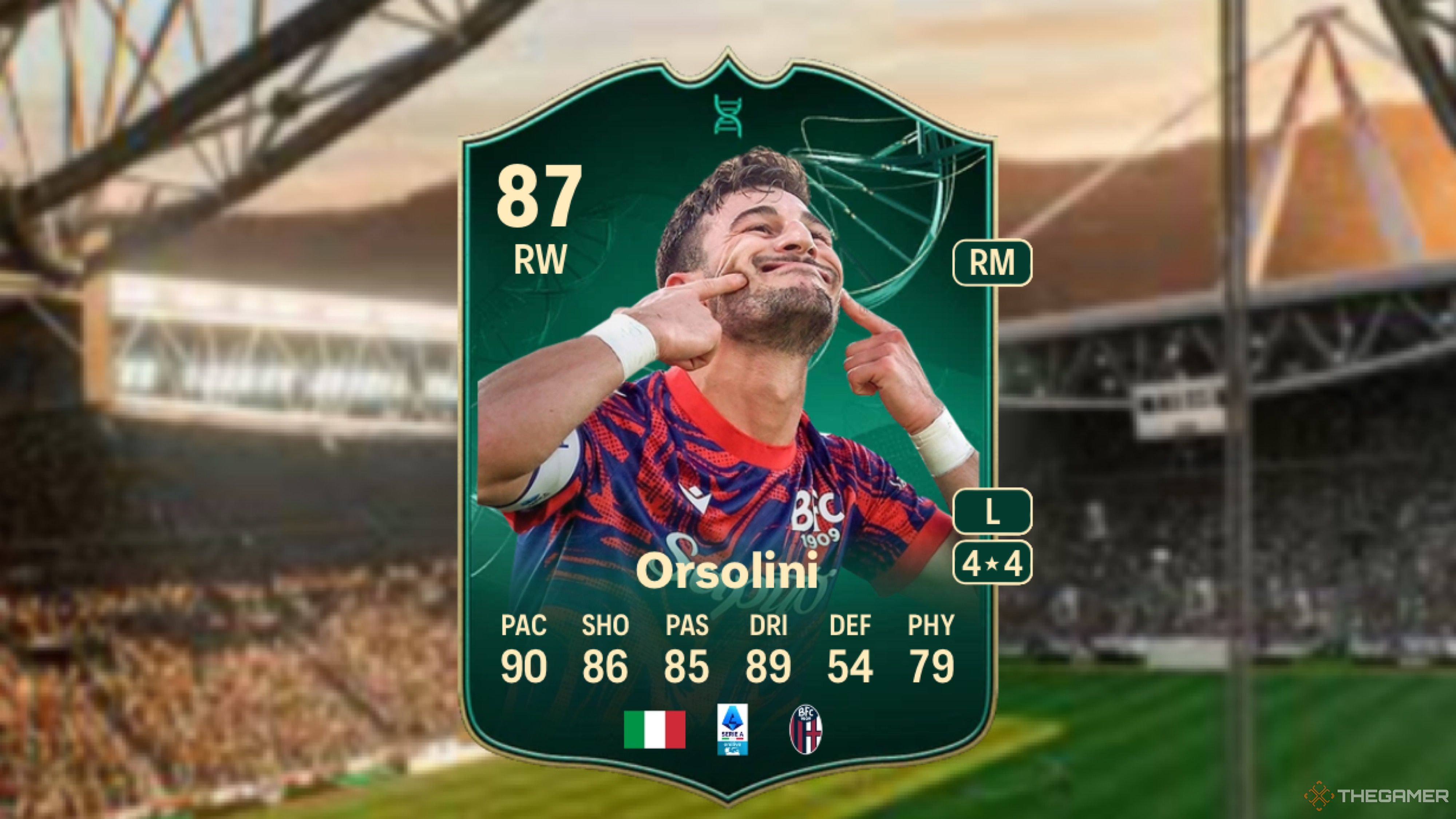 Image showing Orsolini card against a faded stadium background.