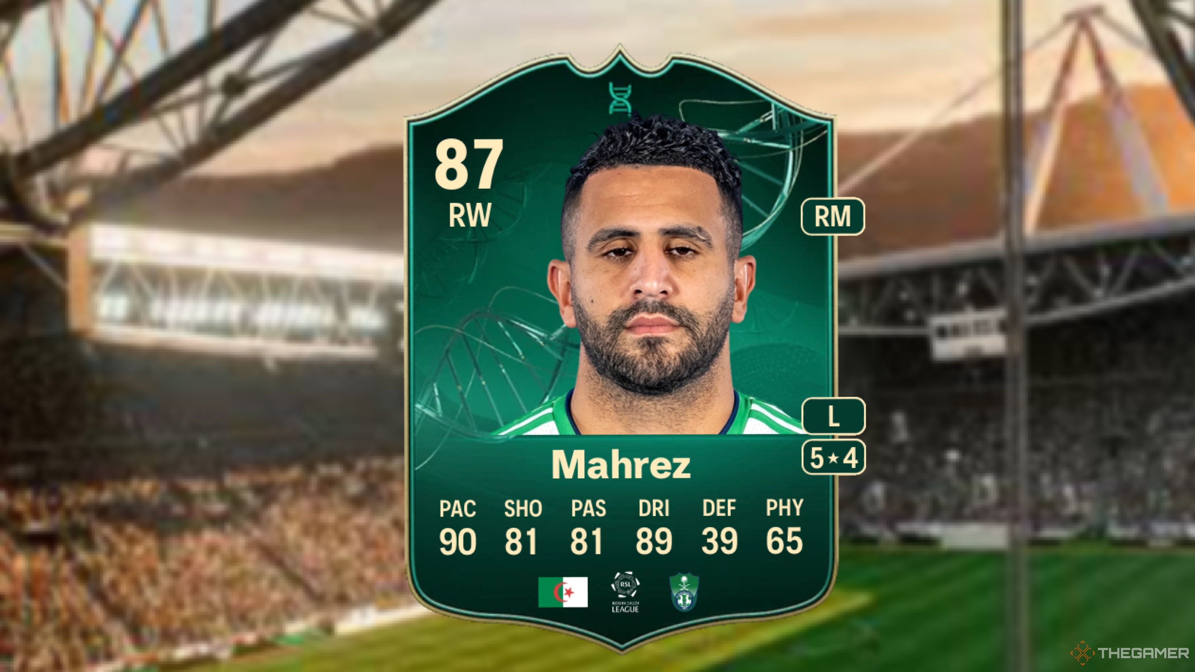 Image showing Mahrez card against a faded stadium background.