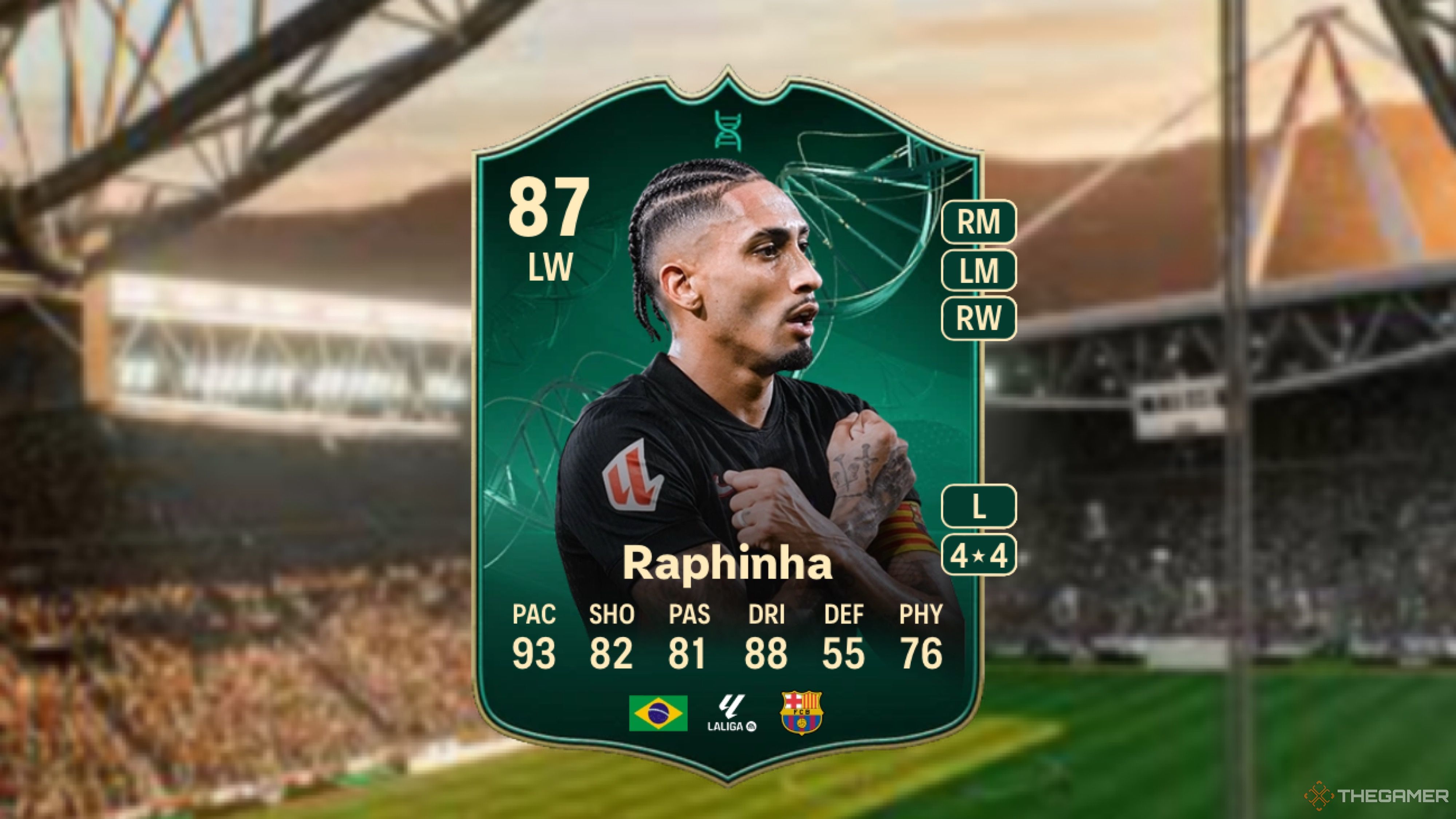 Image showing Raphinha card against a faded stadium background.