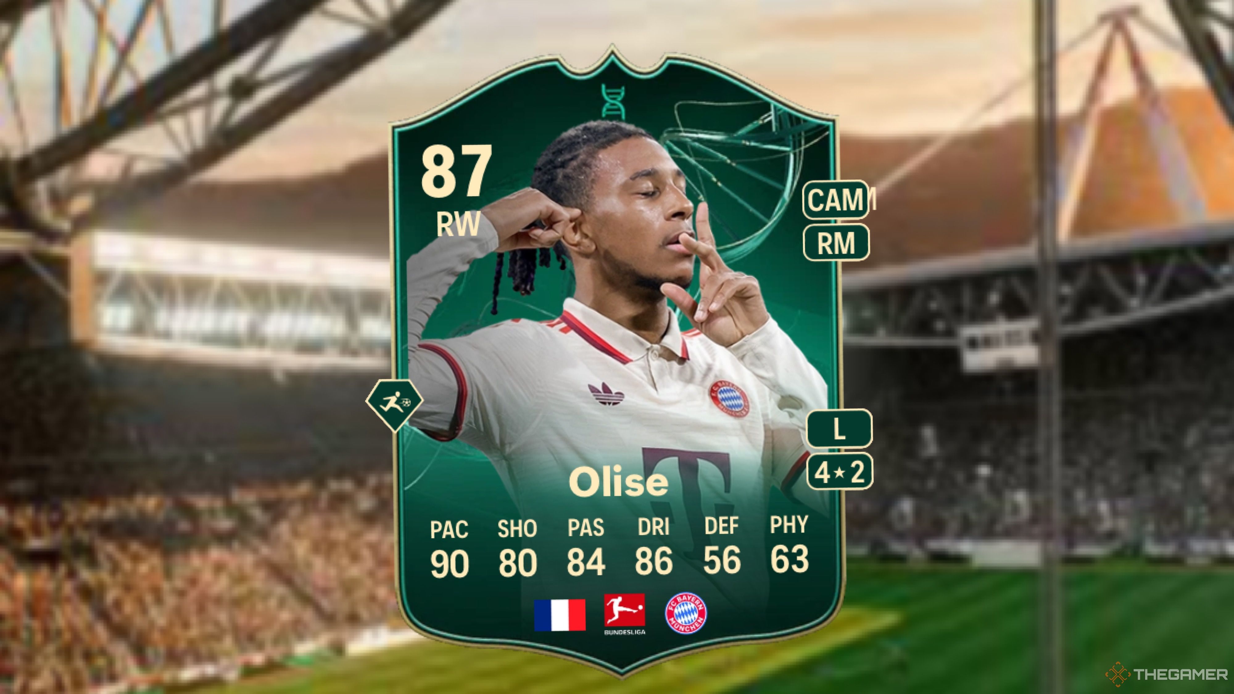 Image showing Olise card against a faded stadium background.