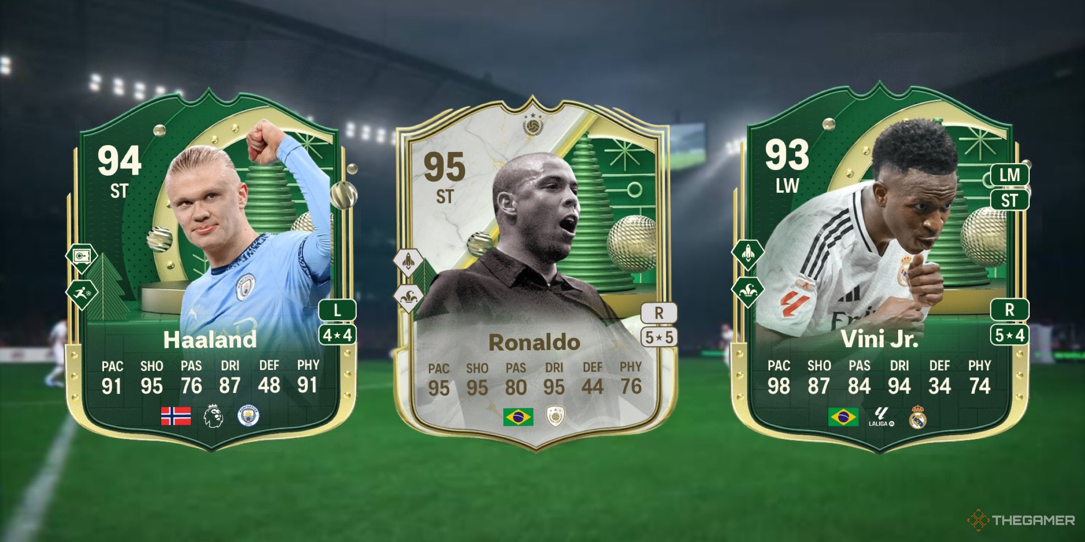 Image showing Haaland, Ronaldo, and Vini Jr card against a faded pitch background.