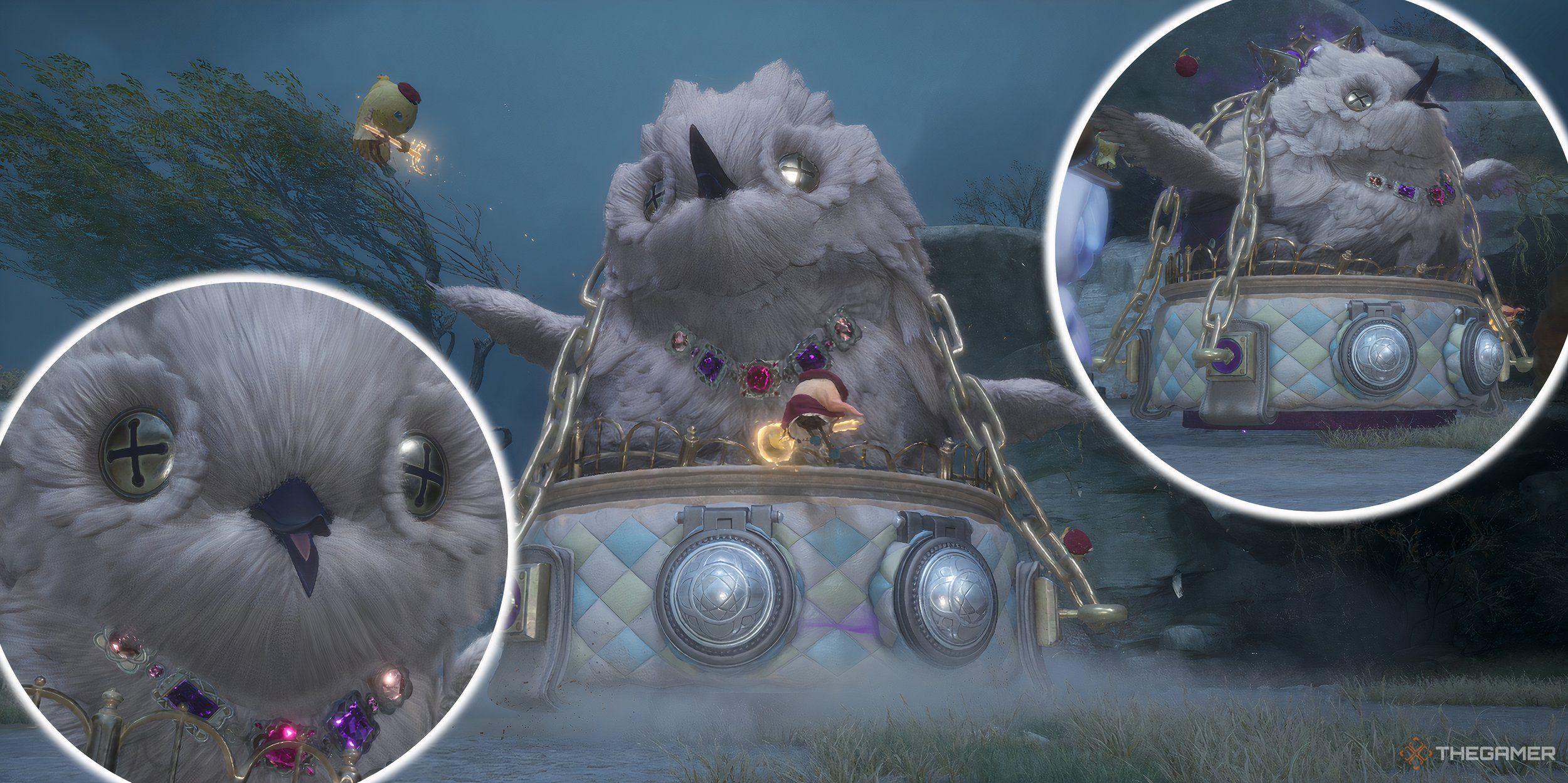 Collage of Caged Greed, the fluffy bird boss with a crown.