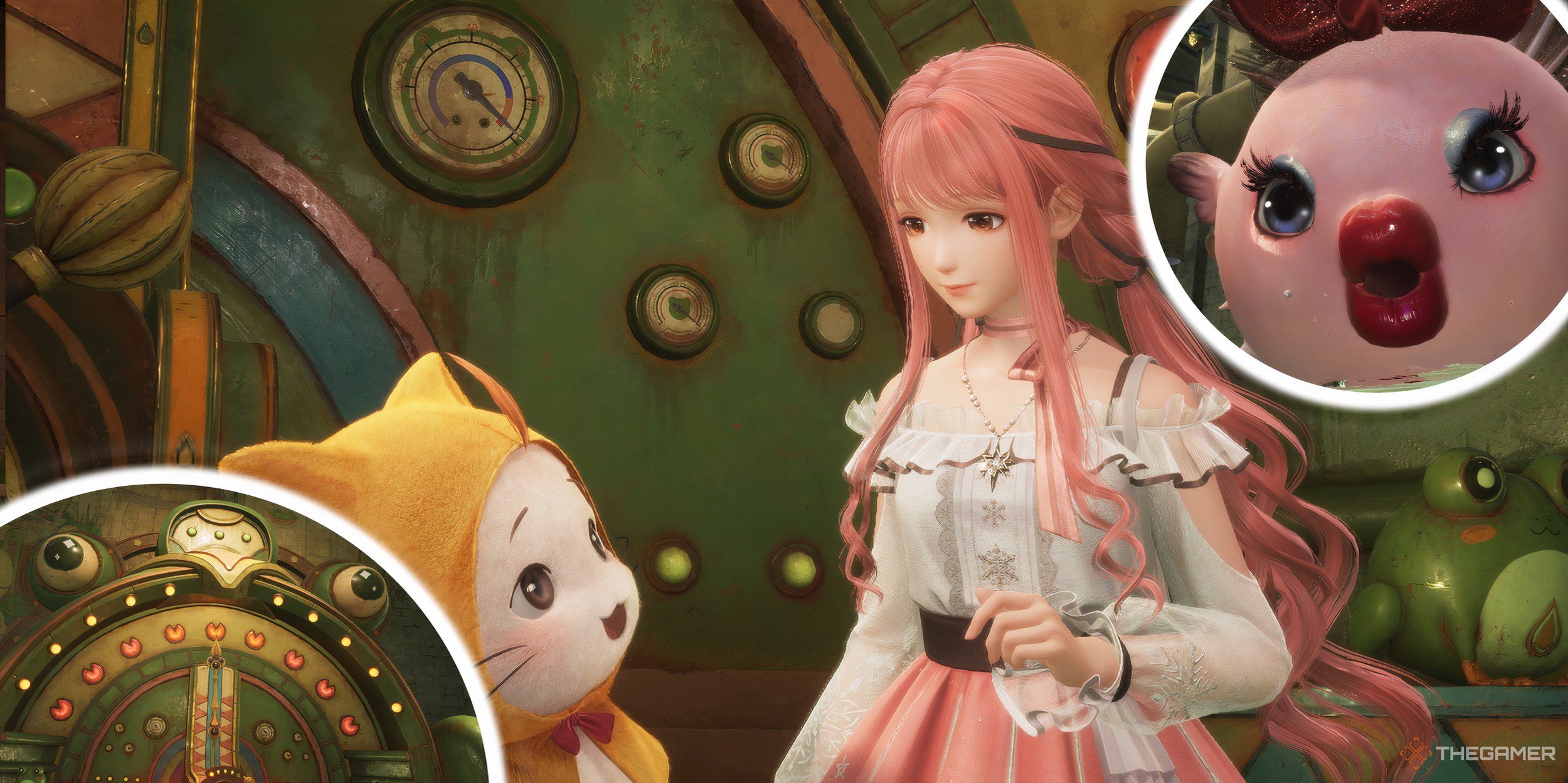 Collage of Nikki and Momo in the Well of Fortune, with an electric panel and Monroefish in circles overlayed on the right and left.