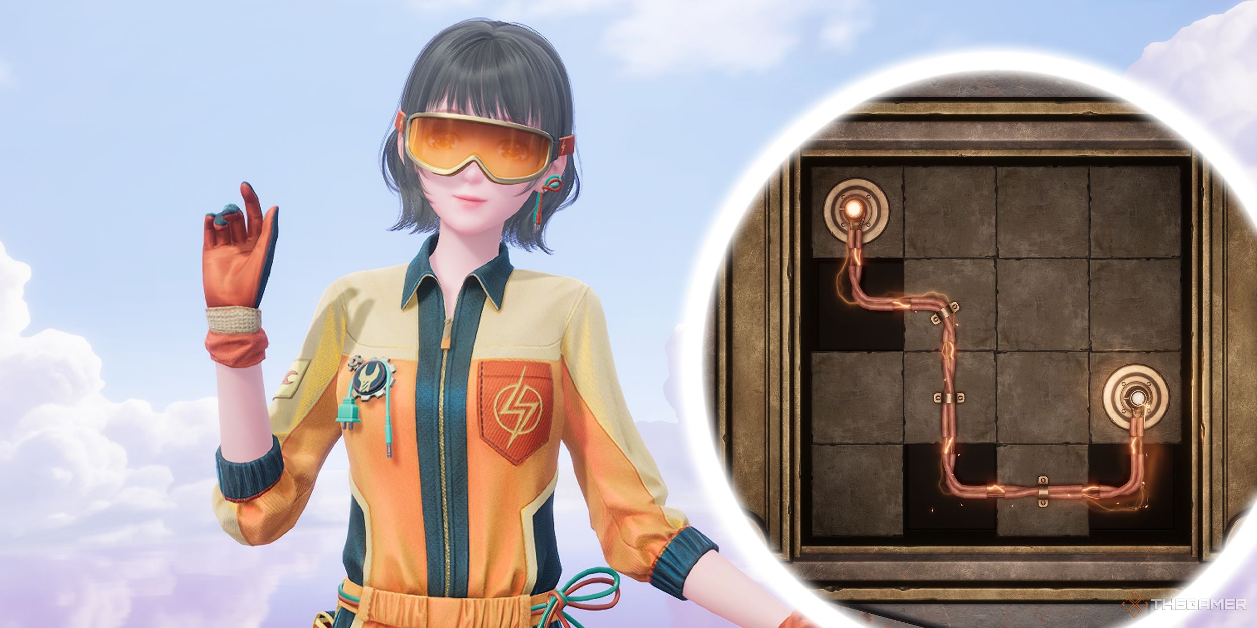 Collage of Nikki in the Fully Charged outfit among the clouds, with an electric puzzle in a circle overlayed on the right.