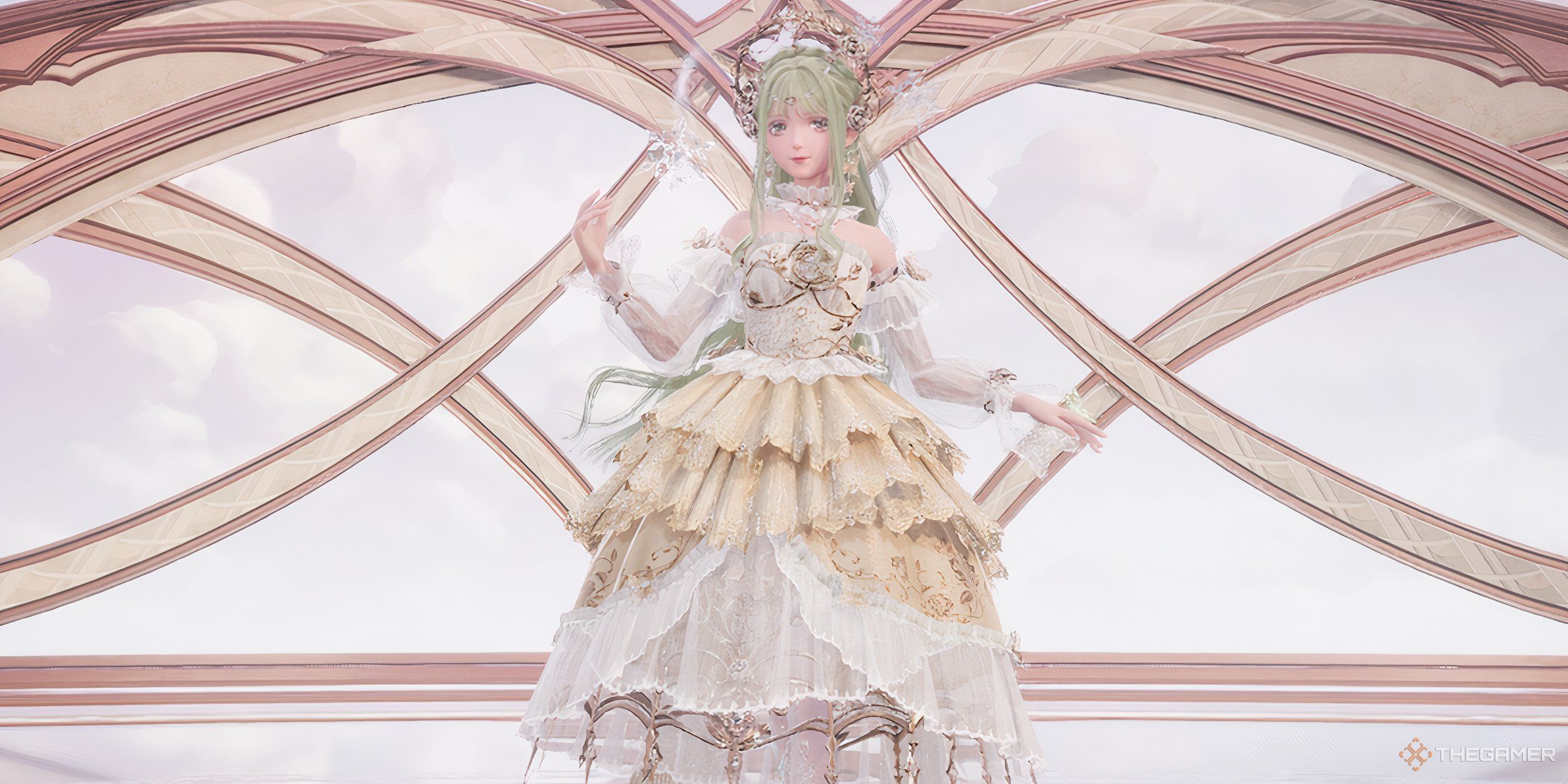 Nikki wearing the Wishful Aurosa outfit while in a gilden golden room.