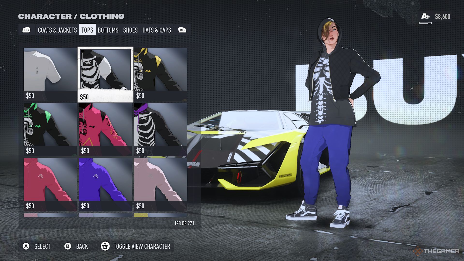 Need for Speed Unbound screenshot of player in store, buying clothing.