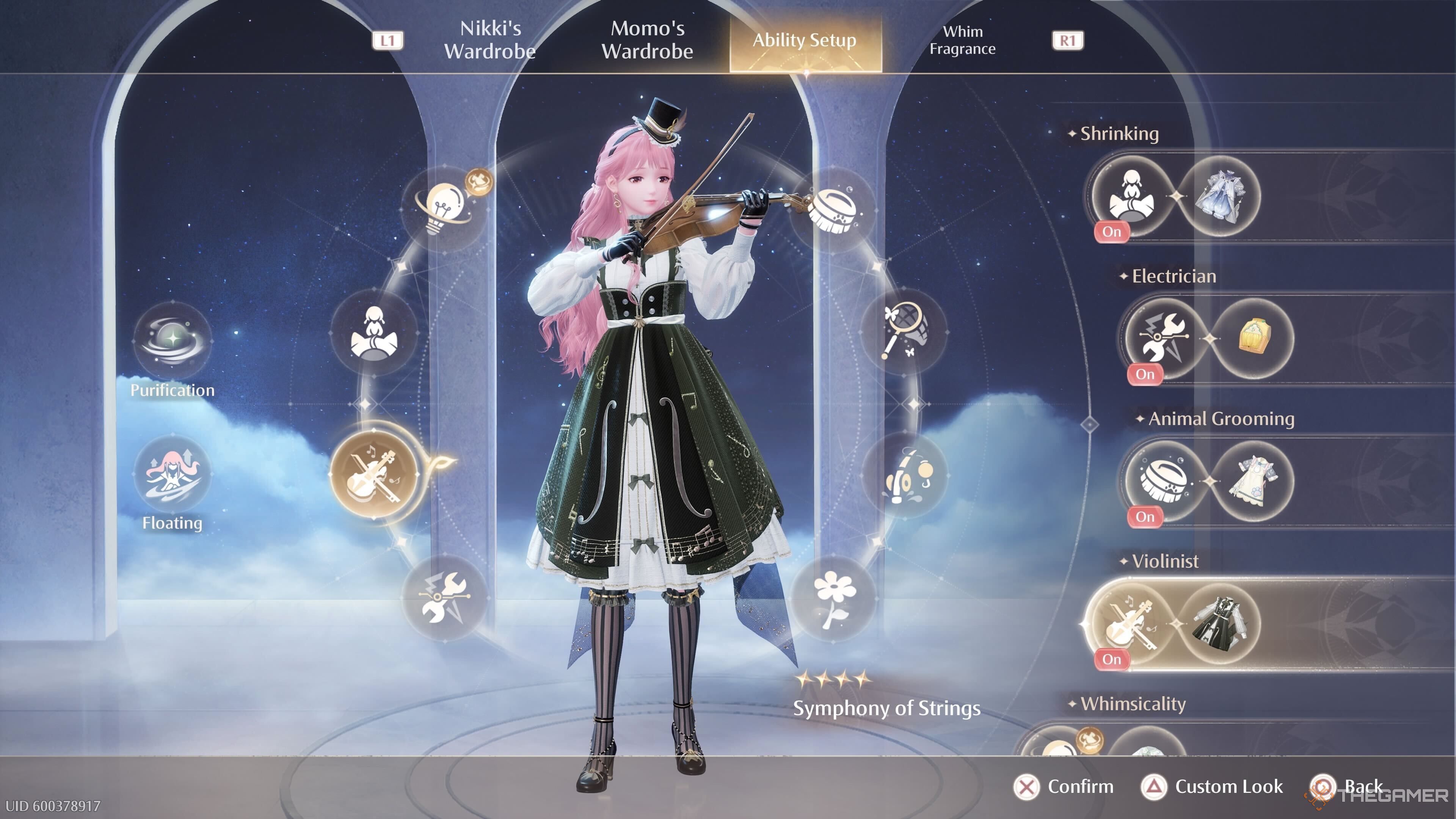 Nikki playing violin on the ability setup screen in the Violinist outfit in Infinity Nikki.