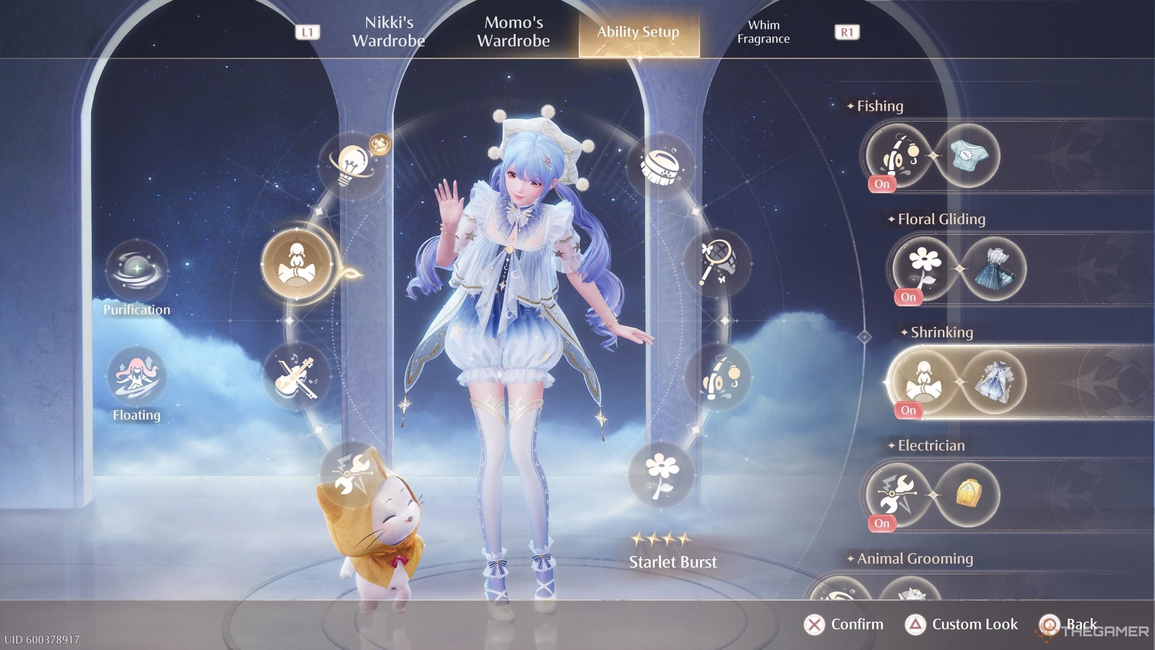 Nikki waving at Momo wearing the Shrinking Outfit on the ability setup screen in Infinity Nikki.