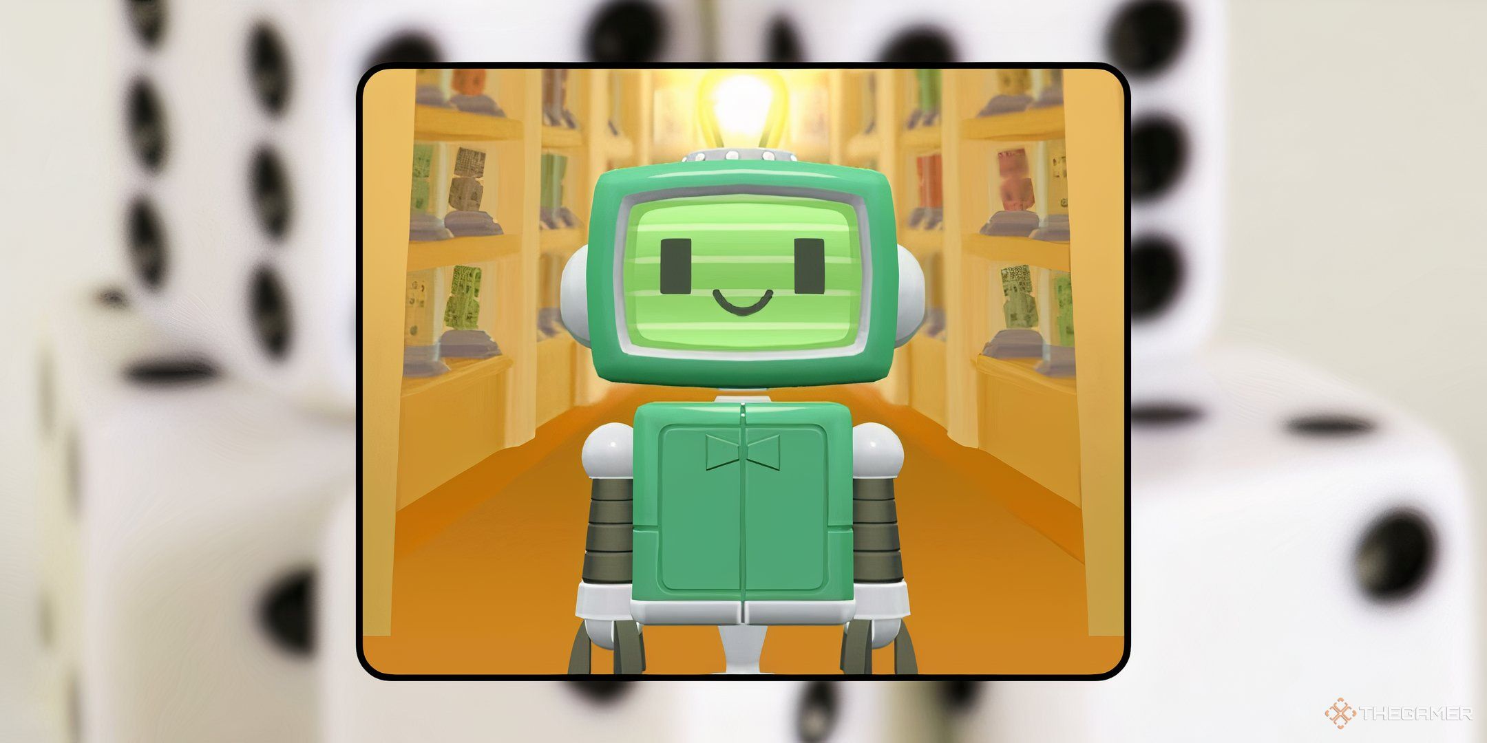 Peg-E in the intro for the Peg-E Deluxe Drop event in front of a blurred backdrop of several dice for Monopoly Go.