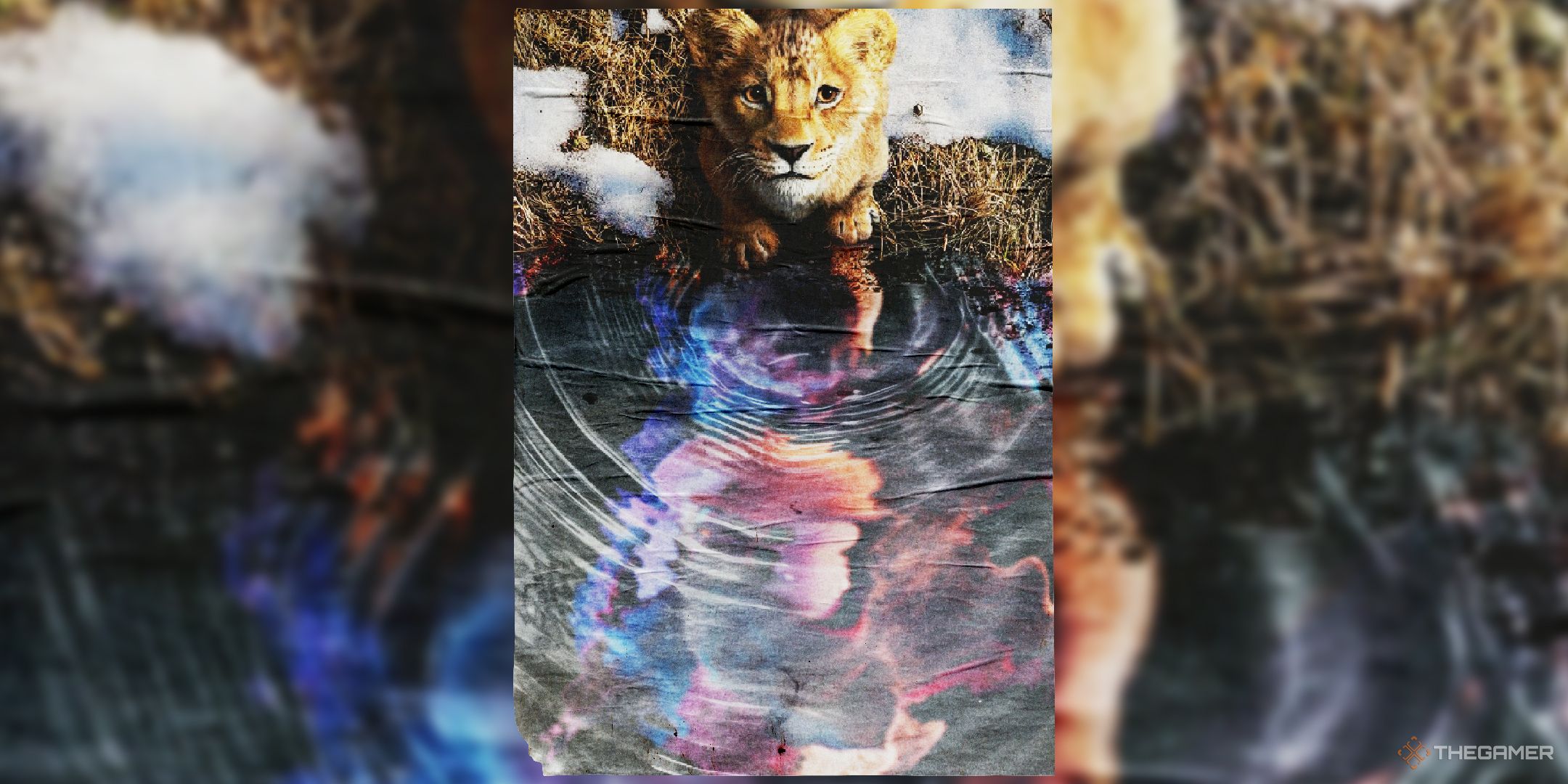 Mufasa's reflection in a body of water, photoshopped to be Shadow the Hedgehog instead