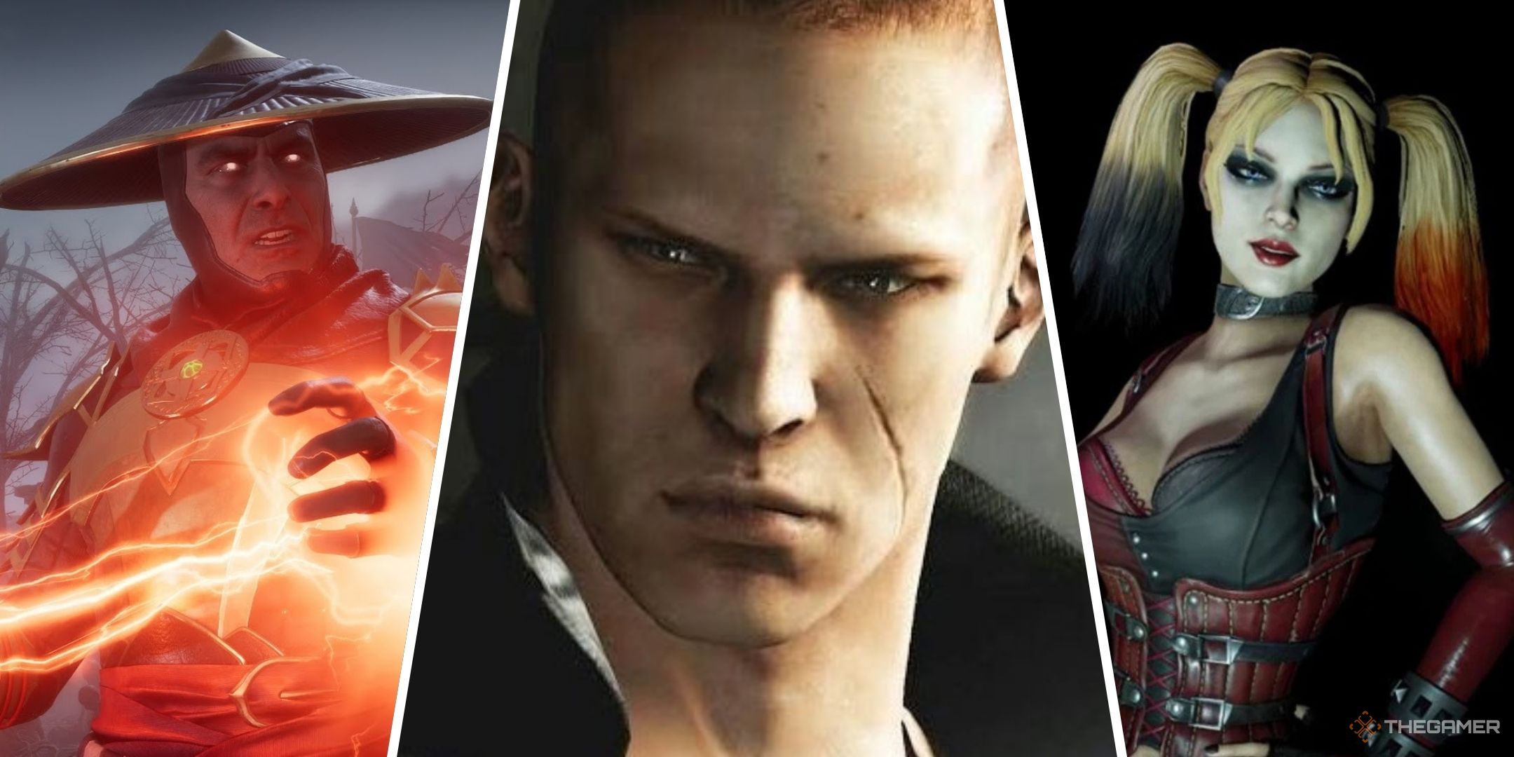 Split images of Dark Raiden, Jake Muller, and Harley Quinn.