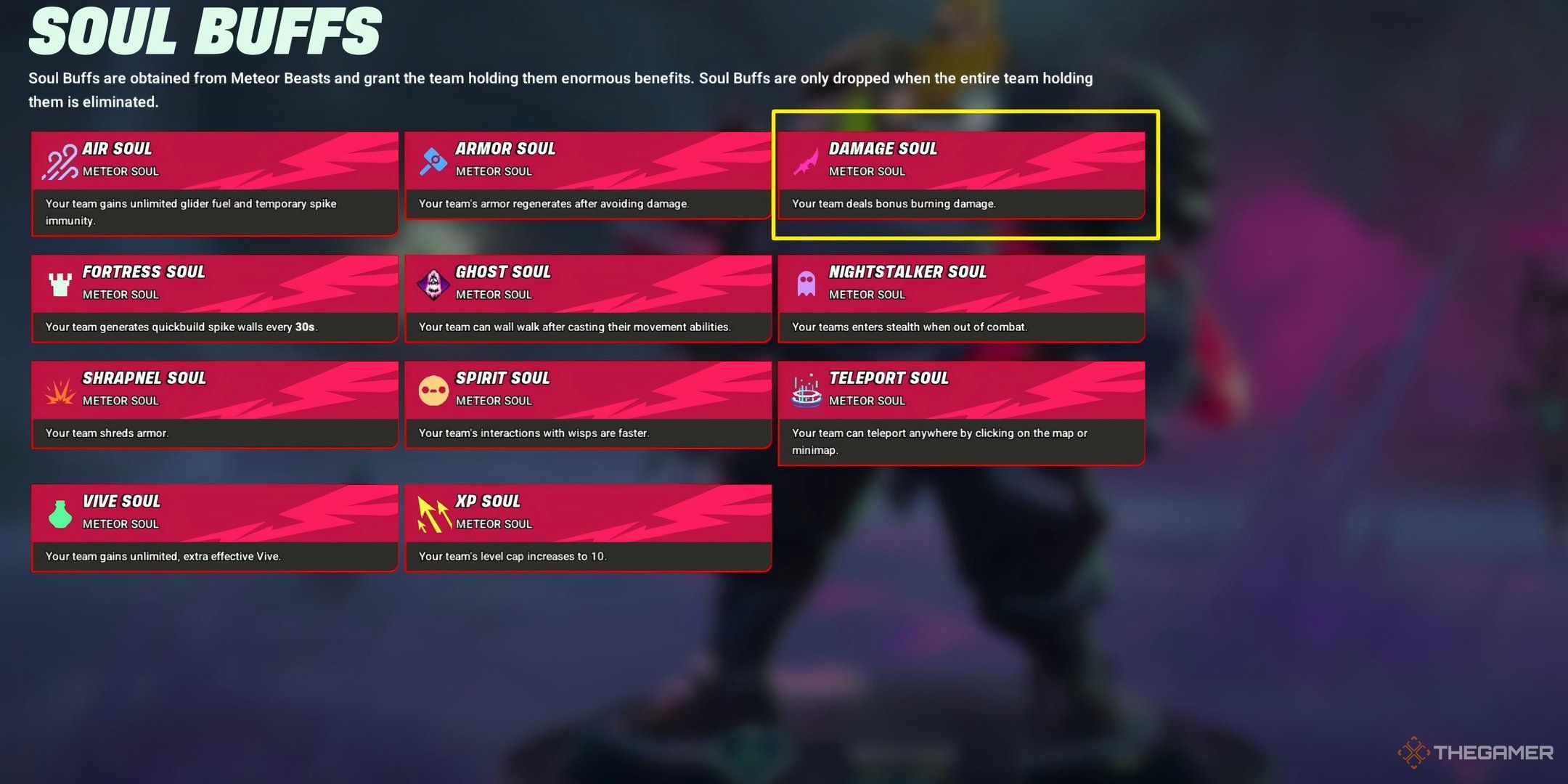 Showcasing the Damage Soul and its ability in Supervive's Soul Buff menu.