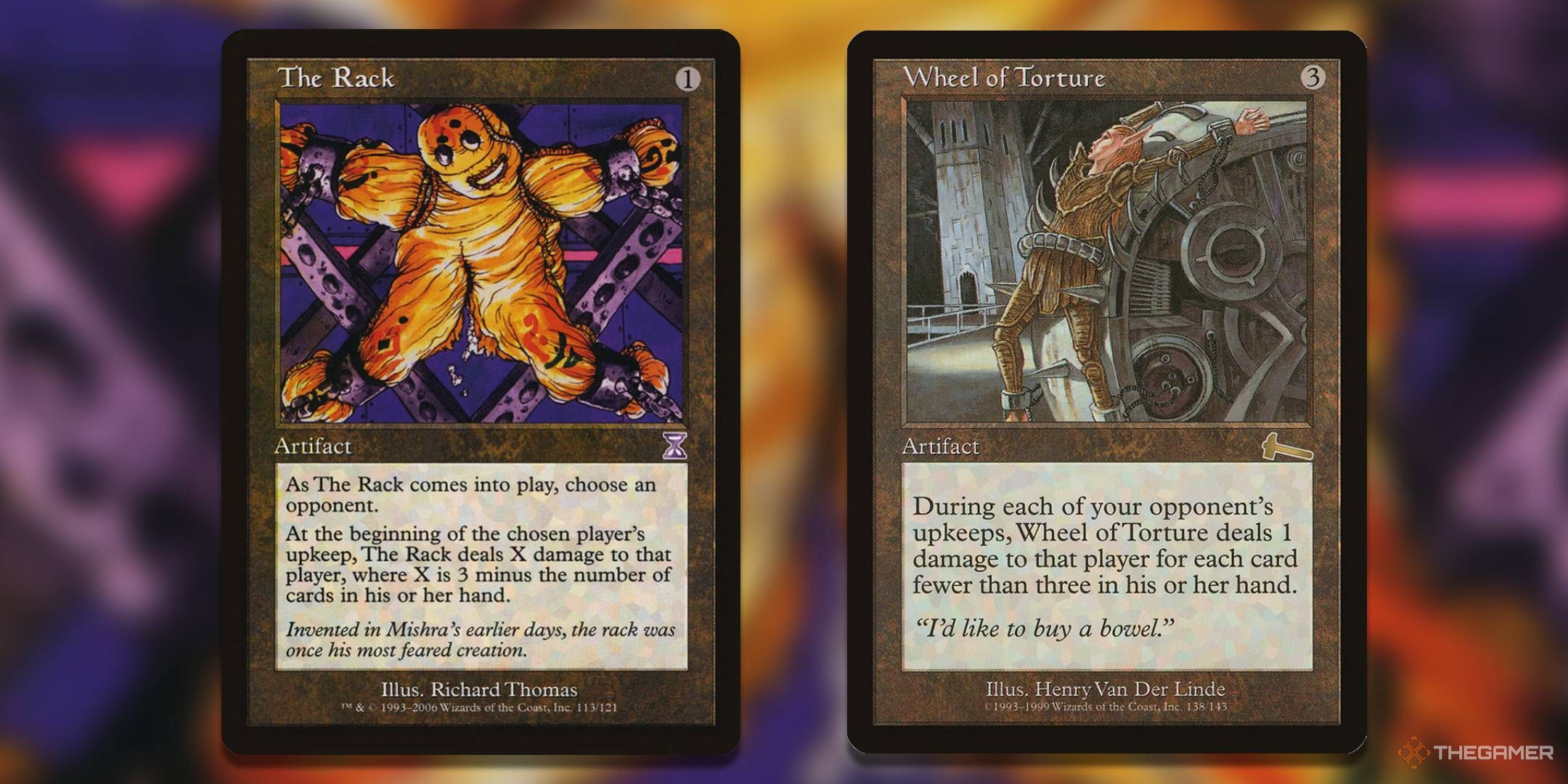 The Rack, from Time Spiral Timeshifted, and Wheel of Torture, from Urza's Legacy