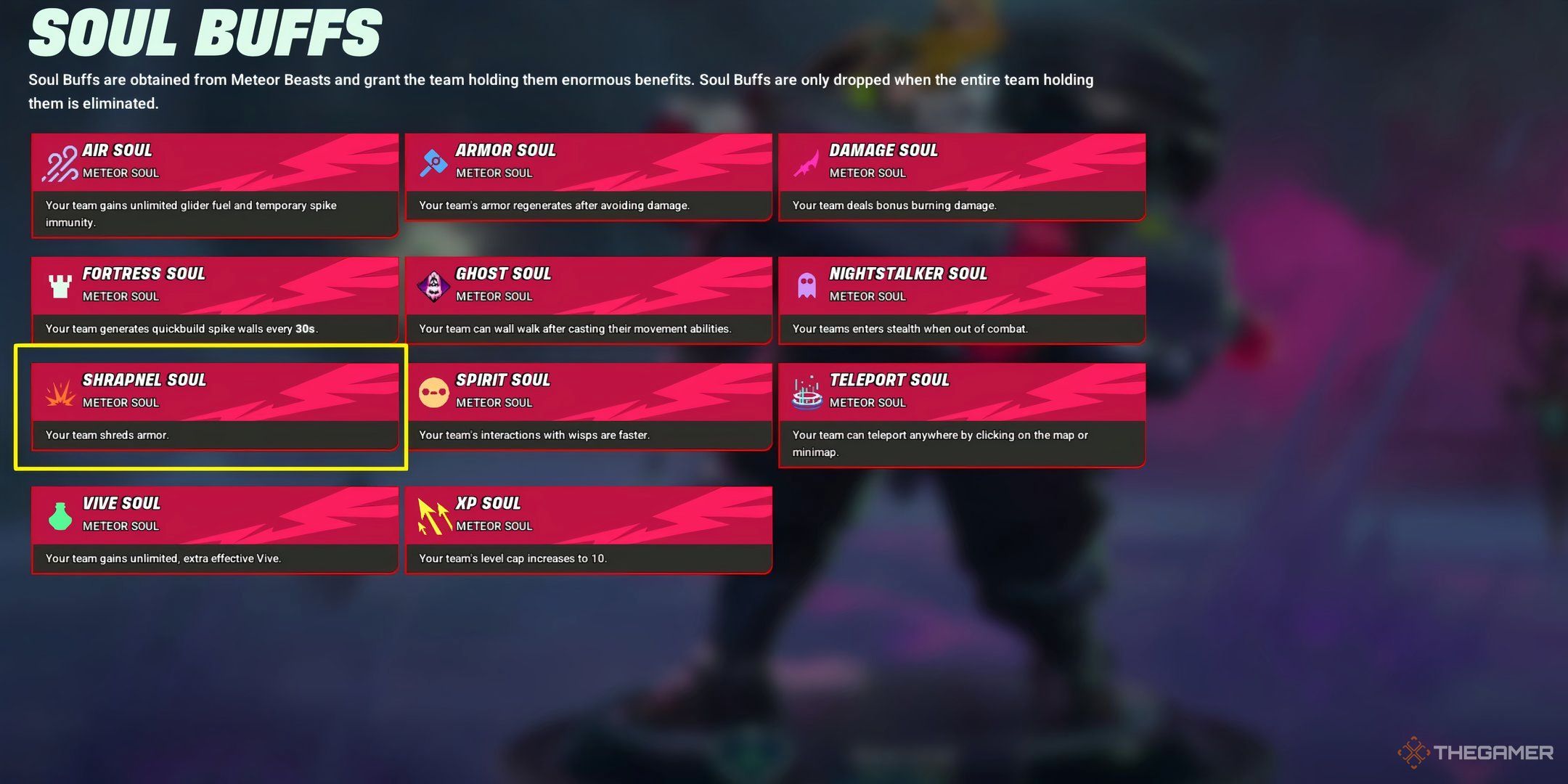 Showcasing the Shrapnel Soul and its ability in Supervive's Soul Buff menu.