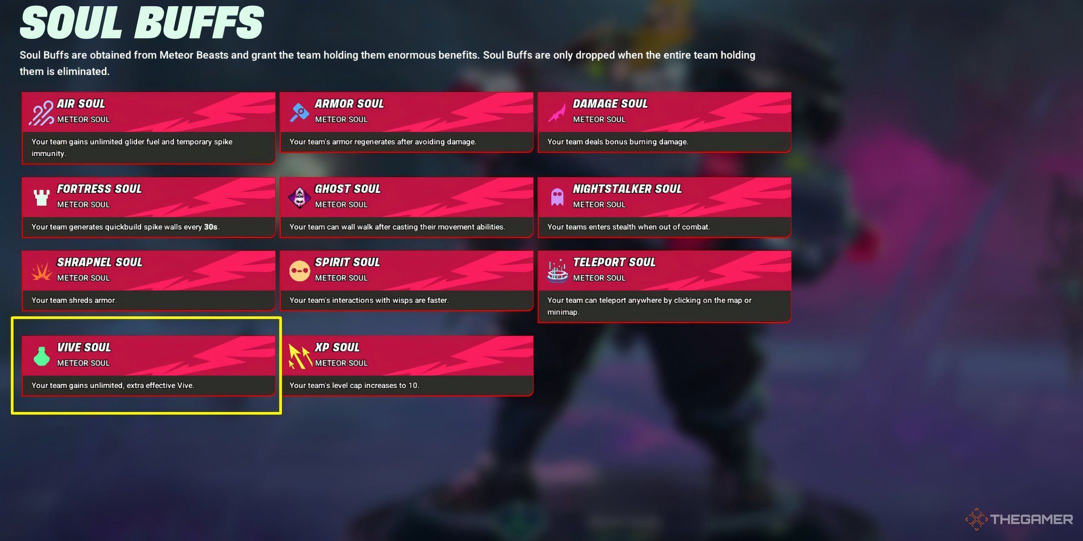 Showcasing the Vive Soul and its ability in Supervive's Soul Buff menu.