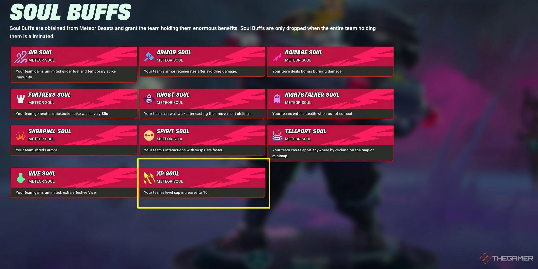 Showcasing the XP Soul and its ability in Supervive's Soul Buff menu.