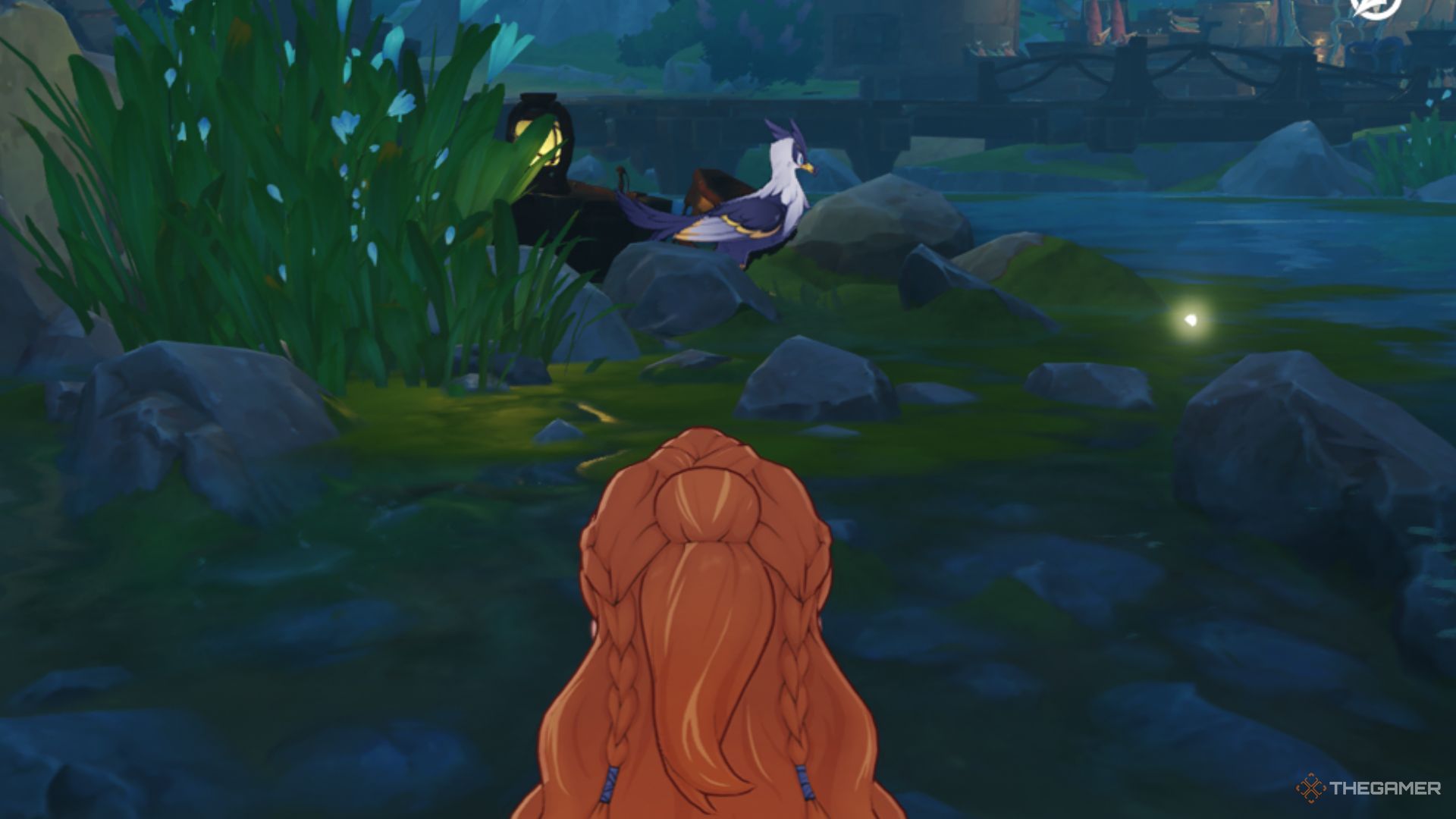 VioletGold Angler Gull is near to the water in Genshin Impact.
