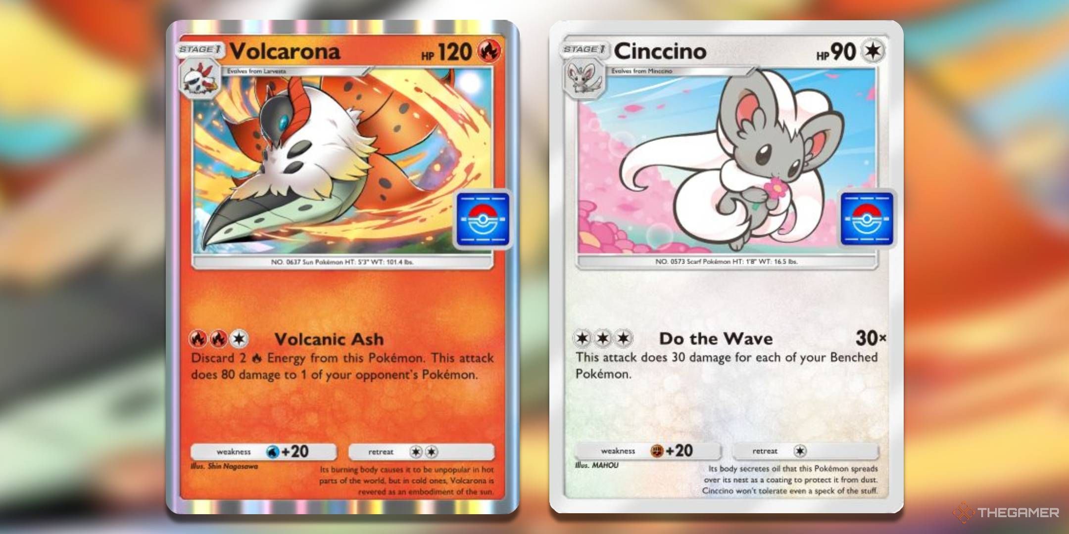 The Volcarona and Cinccino promo cards, from Pokemon TCG Pocket.