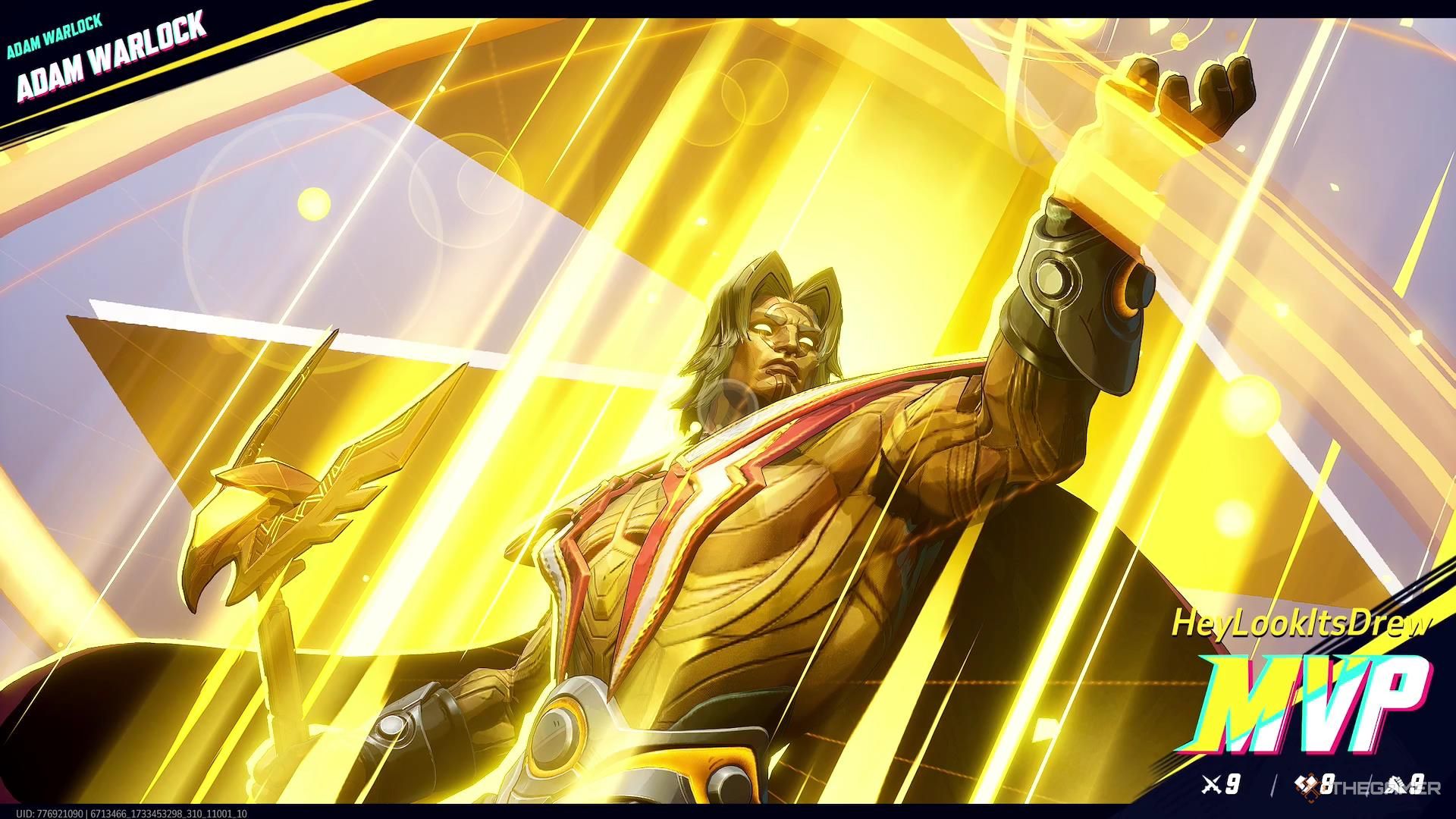 Adam Warlock winning the MVP of the match award in Marvel Rivals with relatively few kills overall, due to his healing abilities.