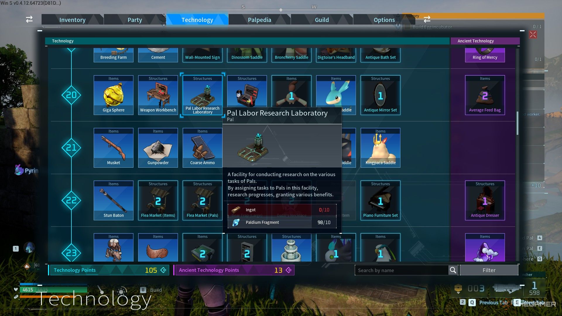 The player checks the Pal Labor Research Laboratory from the Tech tab in Palworld.