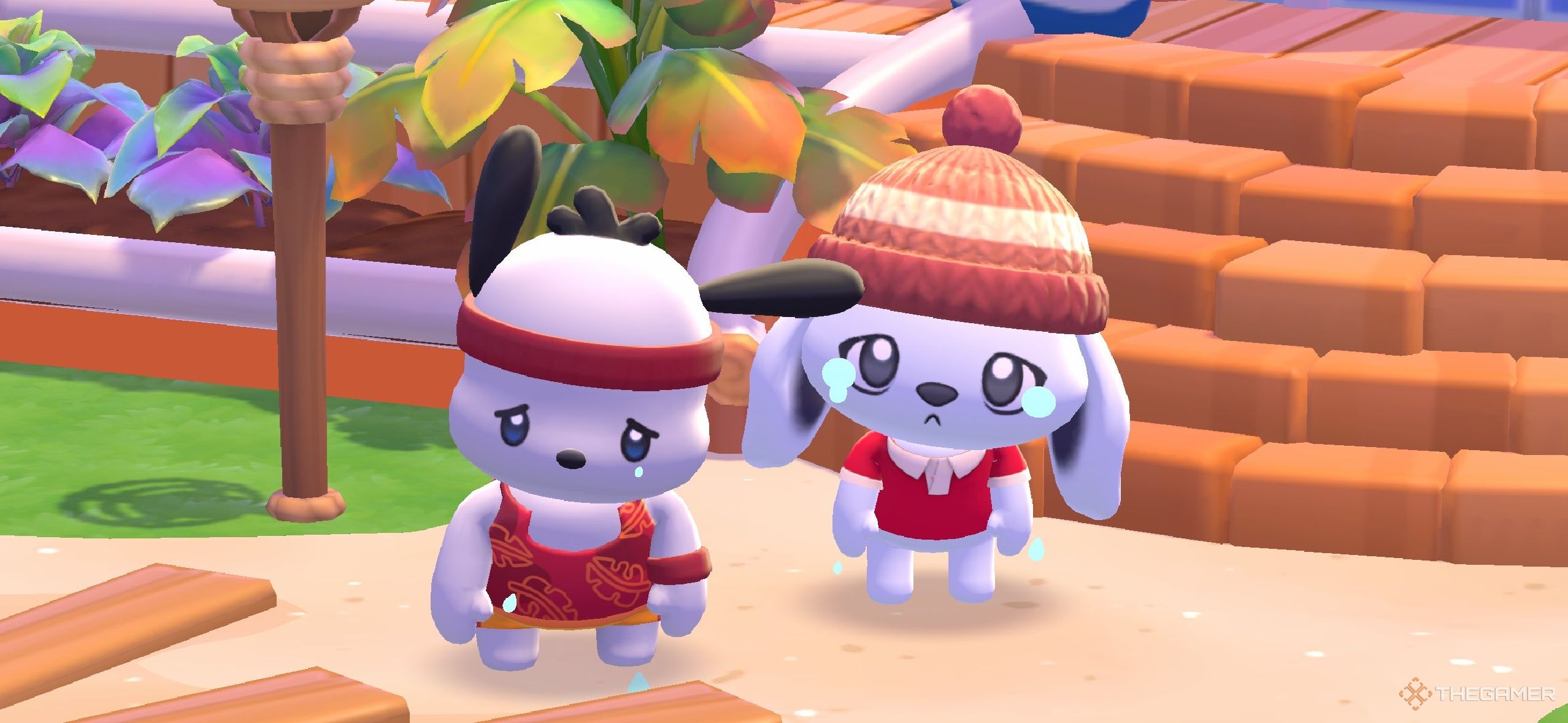 A player posing next to a crying Pocchaco in Hello Kitty Island Adventure.