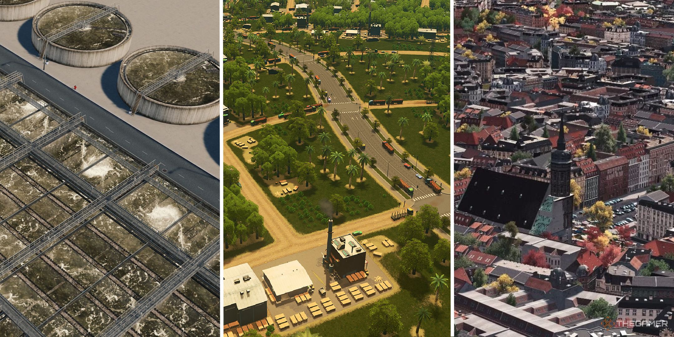 A split image showing three screenshots from Cities Skylines.