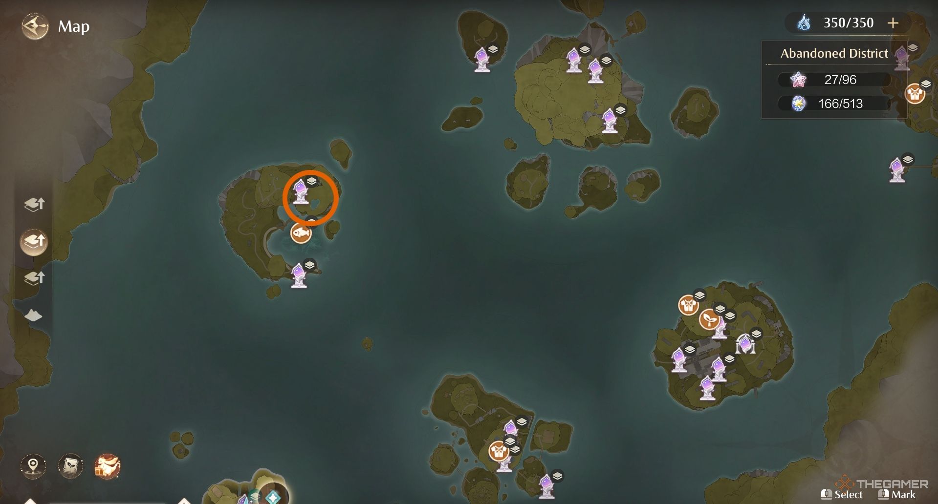 An orange circle showing the location of Astral Swan in Infinity Nikki