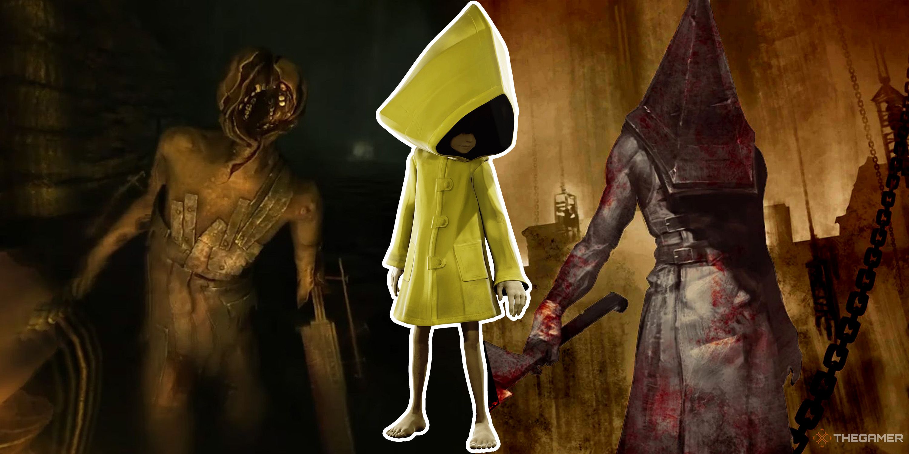 A split image of a monster from Amnesia, Six from Little Nightmares, and Pyramid Head from Silent Hill 2.