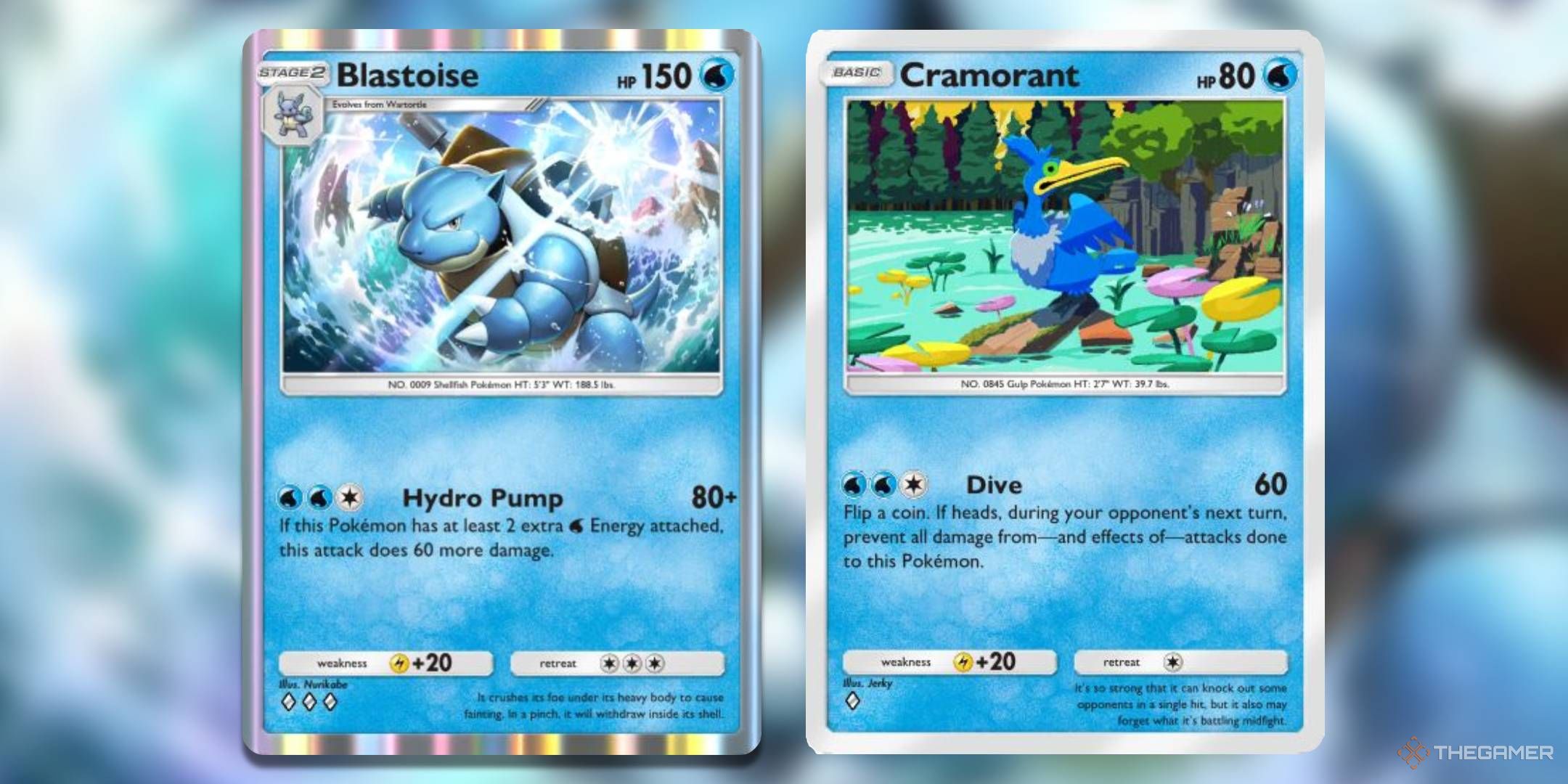 The Blastoise and Cramorant cards, from Genetic Apex.