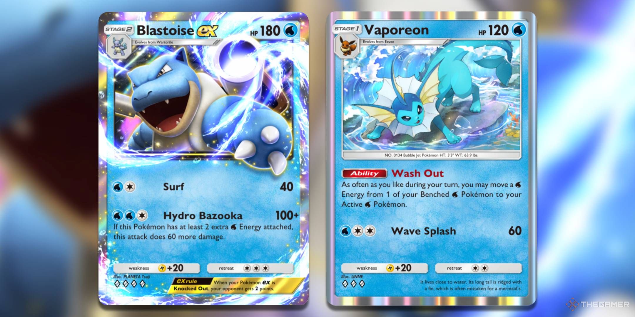 The Blastoise ex card from Genetic Apex and Vaporeon from Mythical Island.