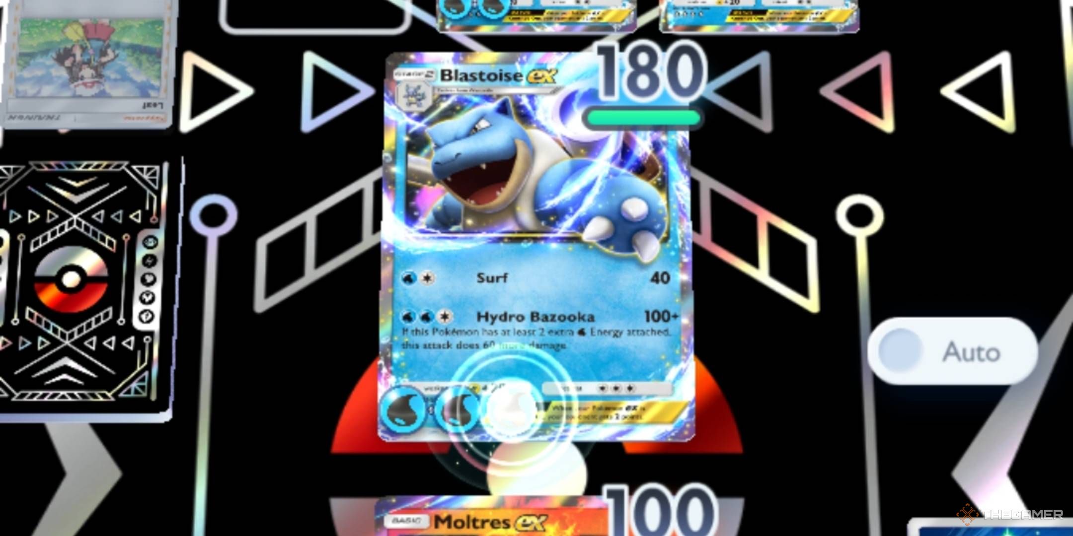 Blastoise ex in the Active position receives its third Water Energy and prepares to attack.