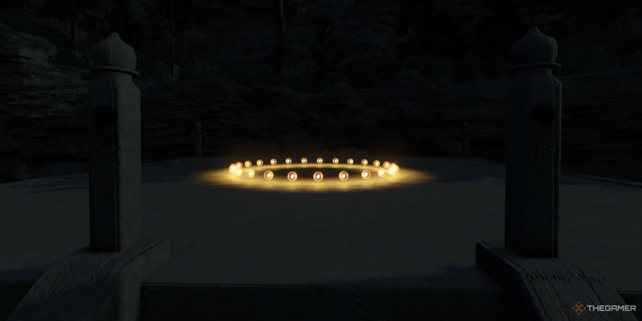 All 25 Hutan Pantai collectibles sit in a circle in the dark in Farming Simulator 25.