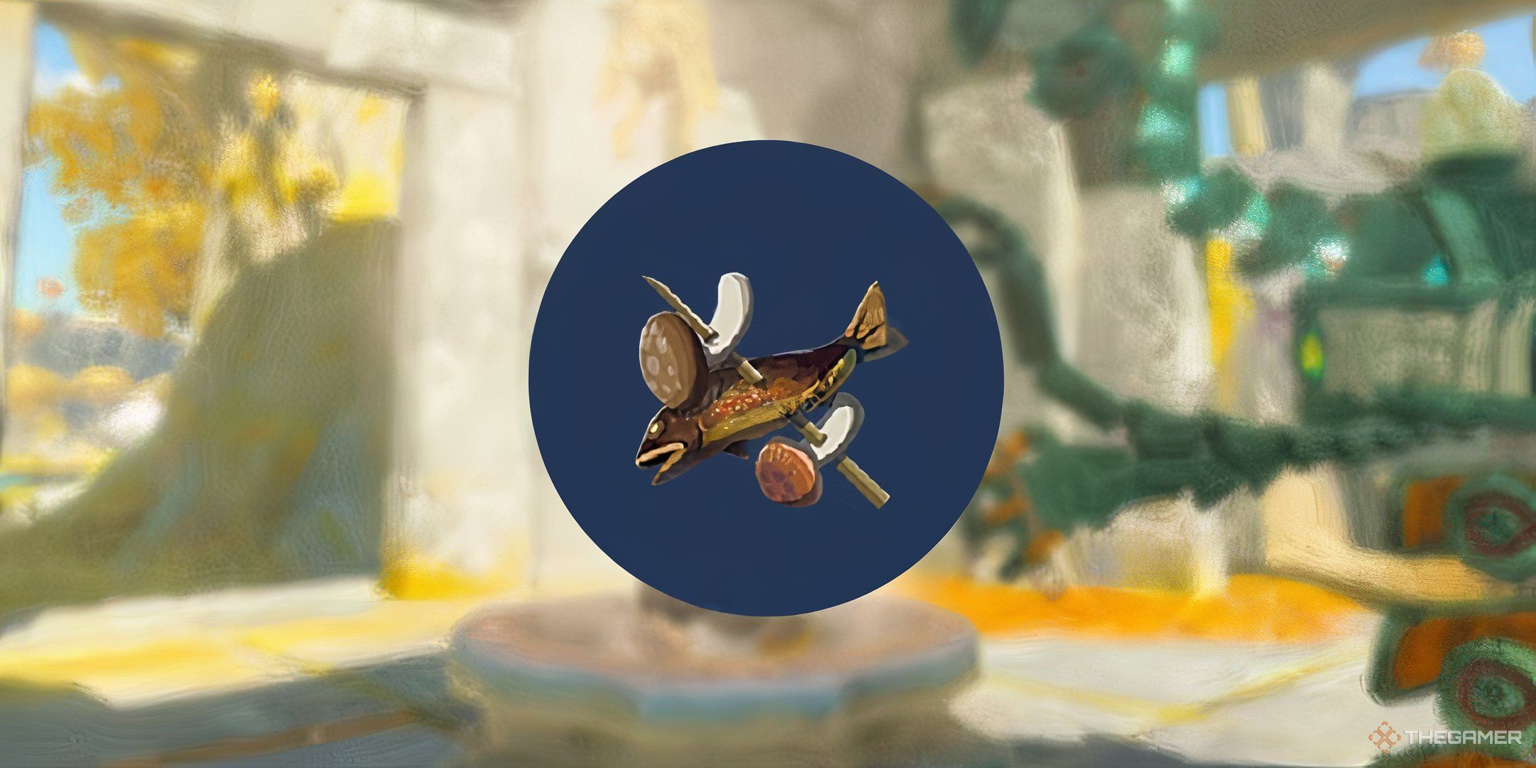 The hearty fish and mushroom skewers recipe on a blue background in Tears of the Kingdom.