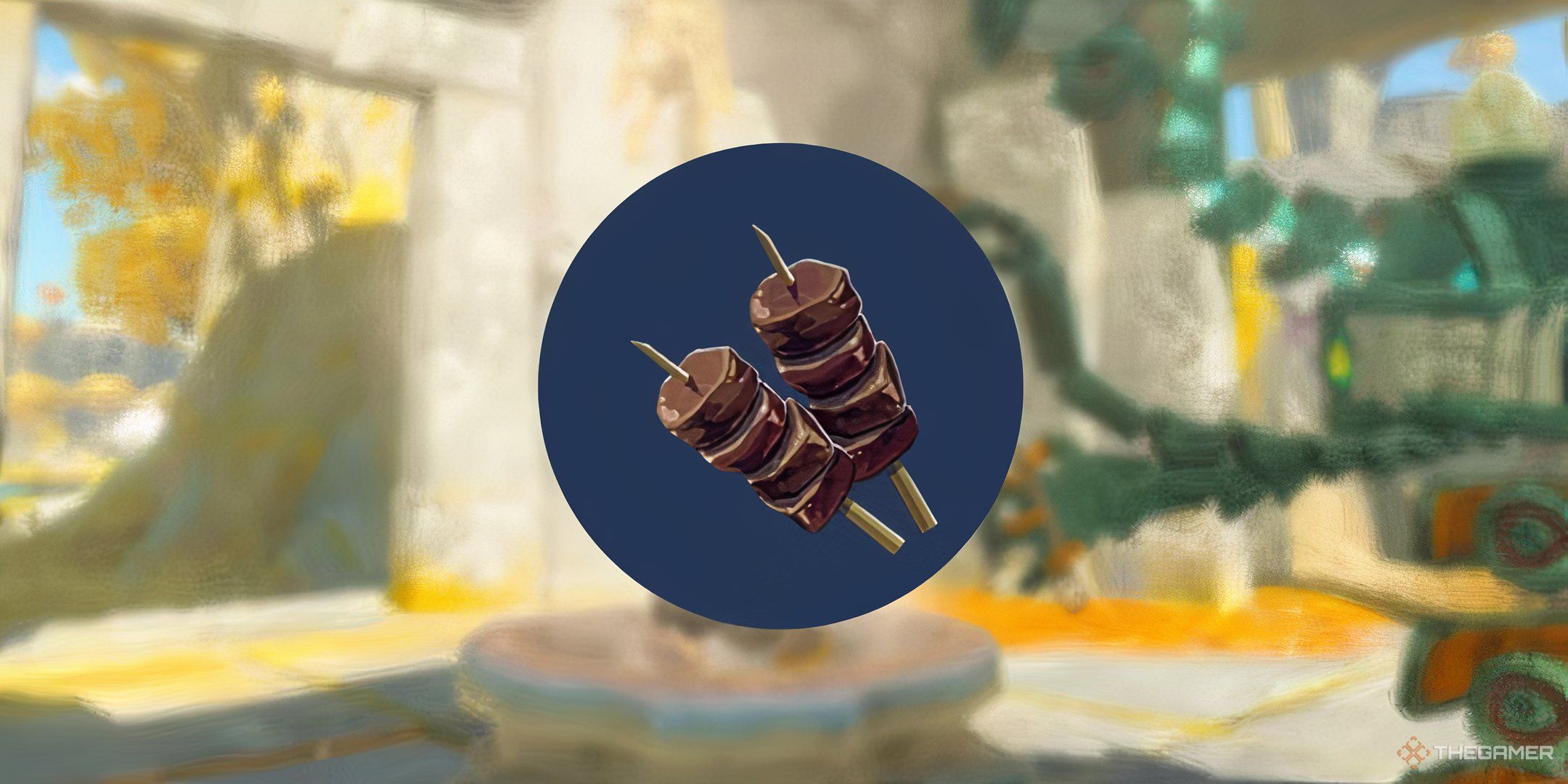 The copious meat skewers recipe on a blue background in TOTK. 