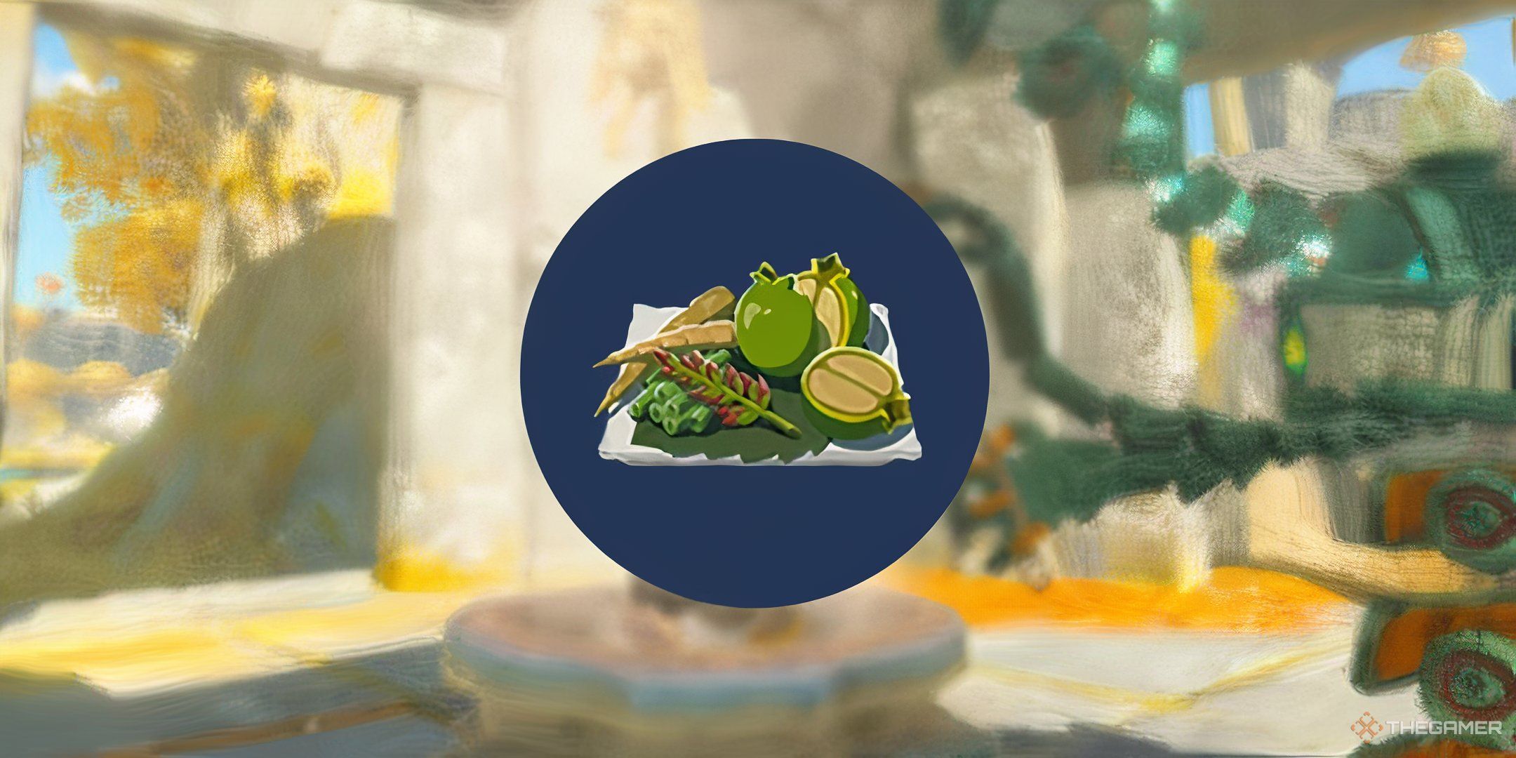 The fried wild greens recipe on a blue background in Tears of the Kingdom.