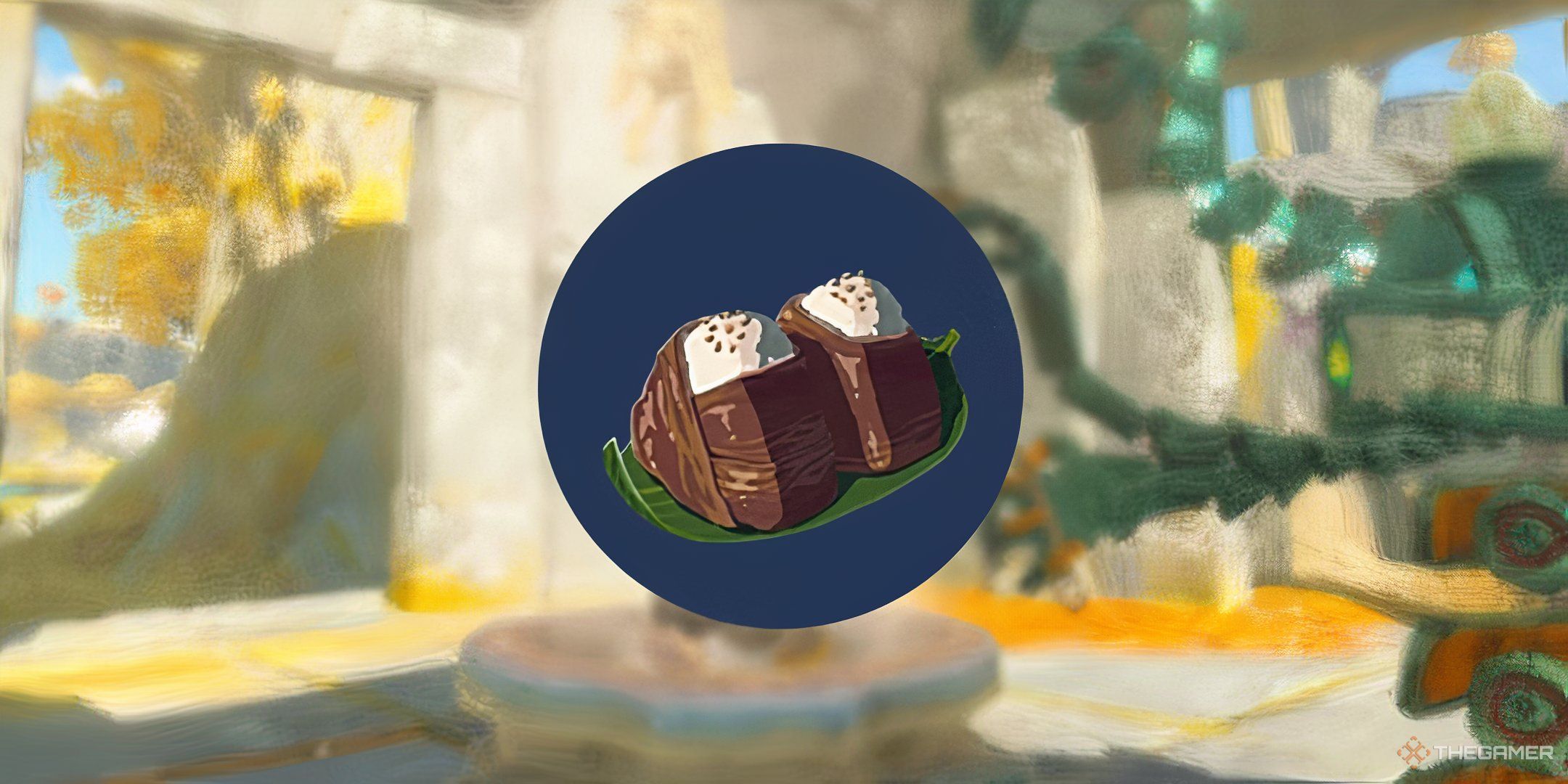 The meaty rice balls recipe on a blue background in Tears of the Kingdom. 
