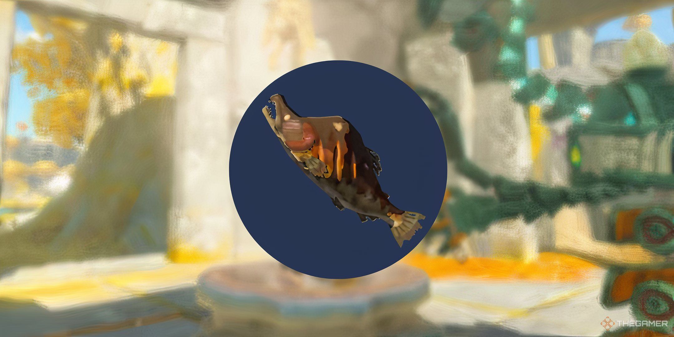 The roasted hearty salmon recipe on a blue background in Tears of the Kingdom.