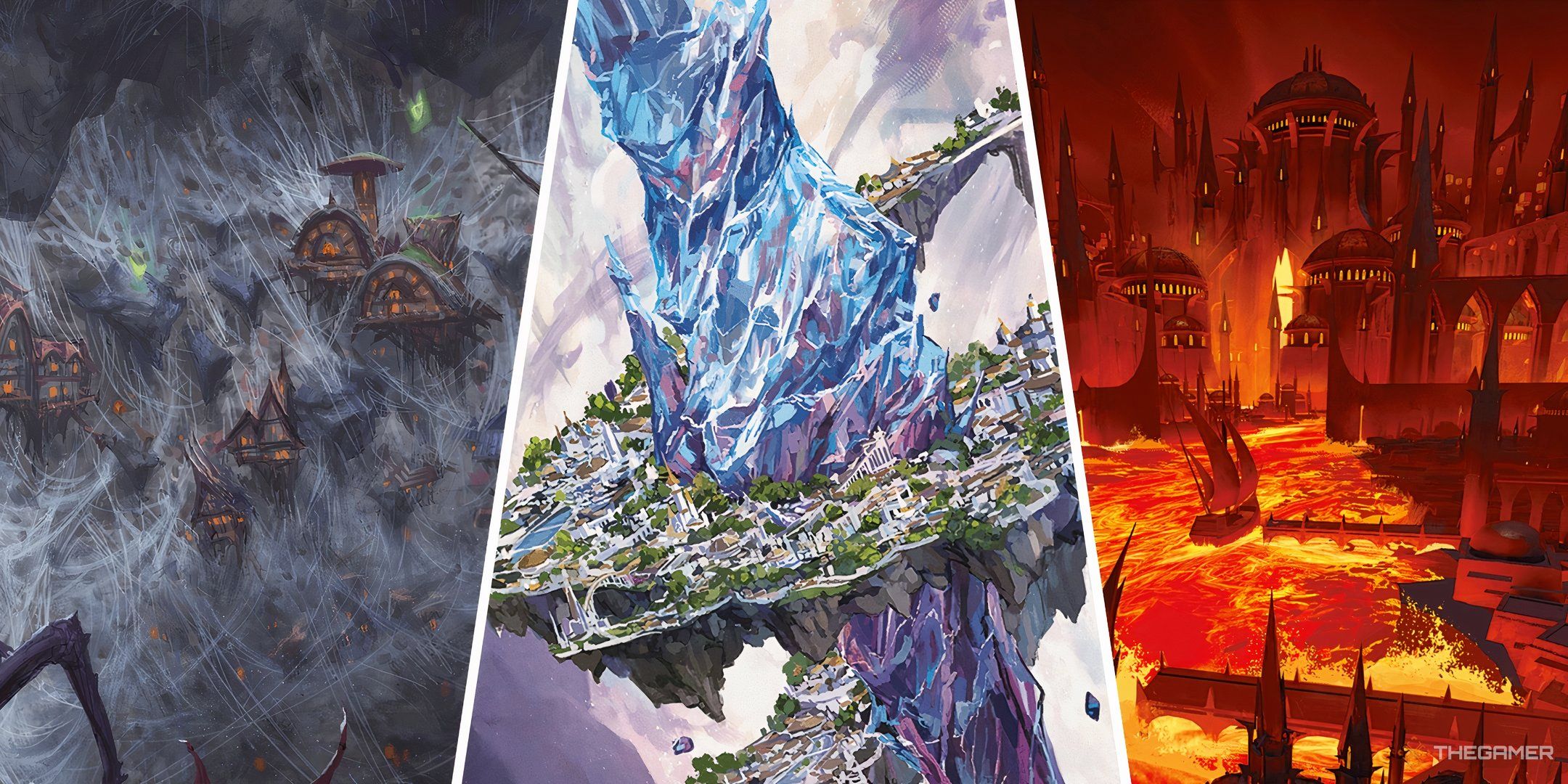 A web-like maze, a floating island, and a fiery city in Dungeons & Dragons. 