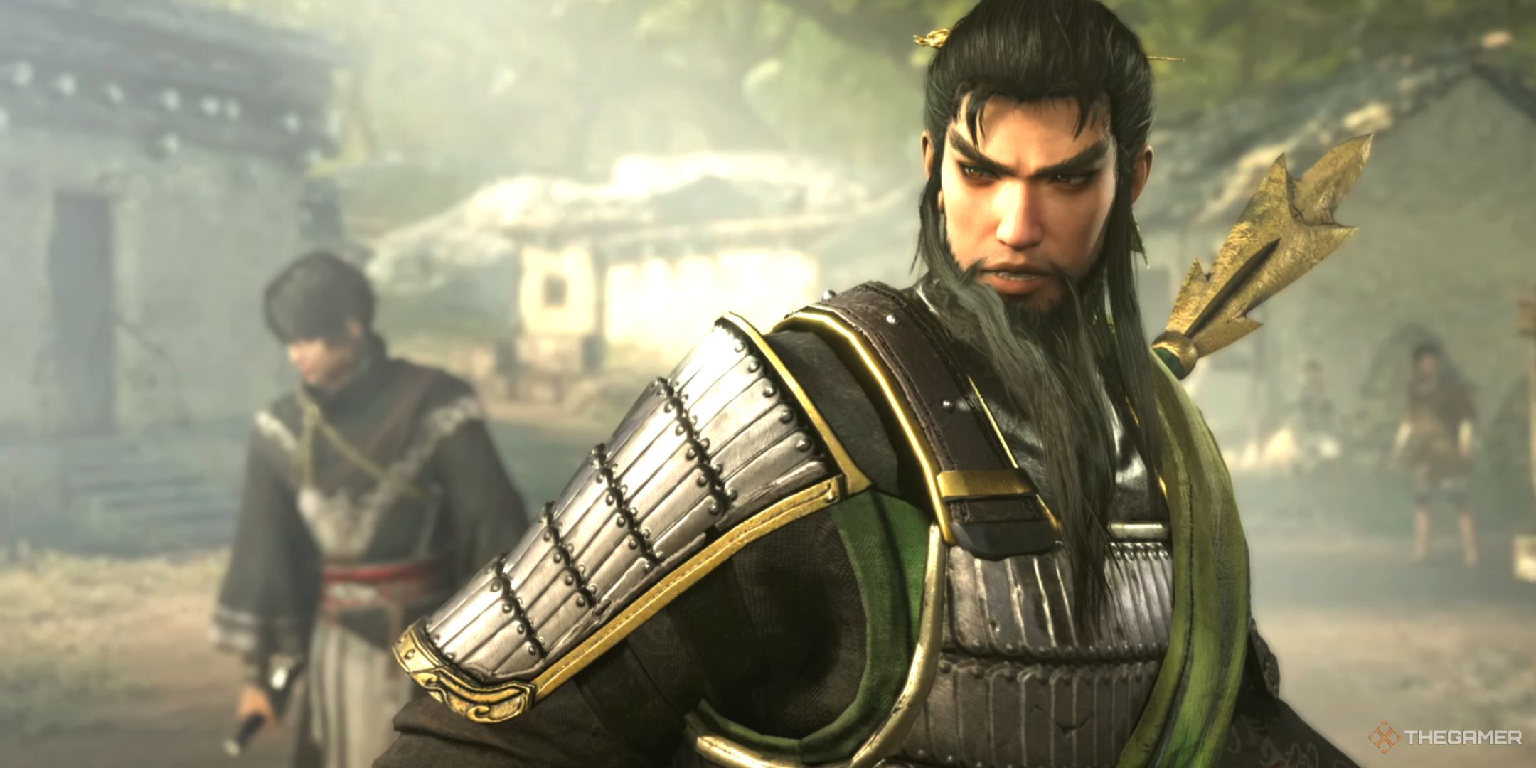 Guan Yu with Ziluan the Wanderer in the backgroun in Dynasty Warriors: Origins.