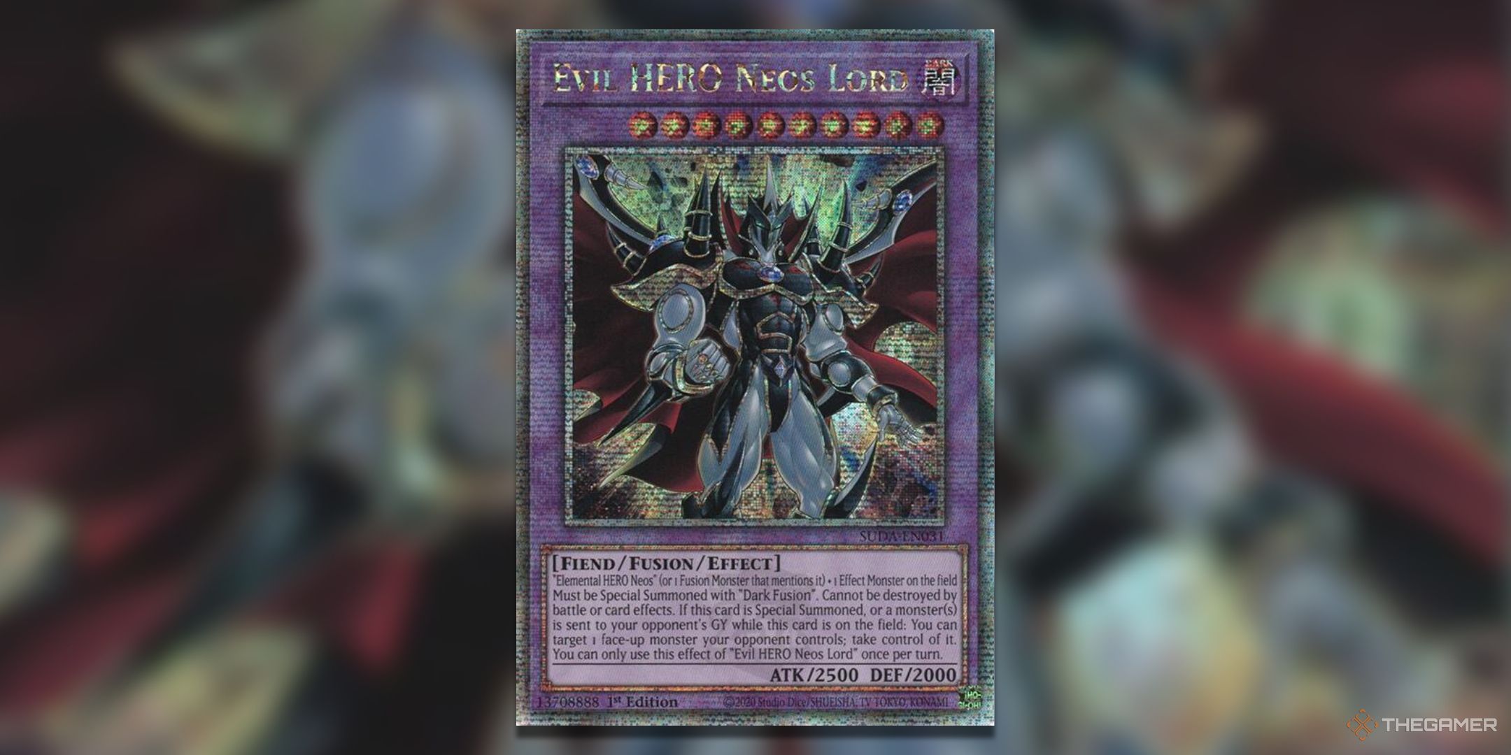 Evil Hero Neos Lord Quarter Century Rare Yu-Gi-Oh! TCG Card Art.