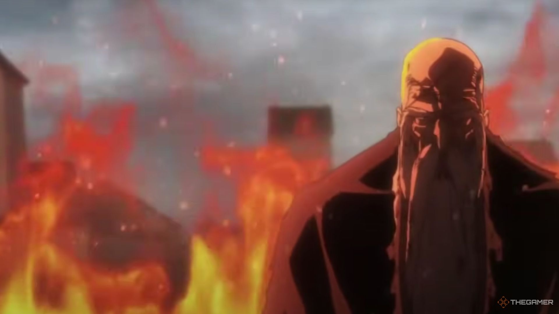 Genryusai is surrounded by a flame in Bleach.