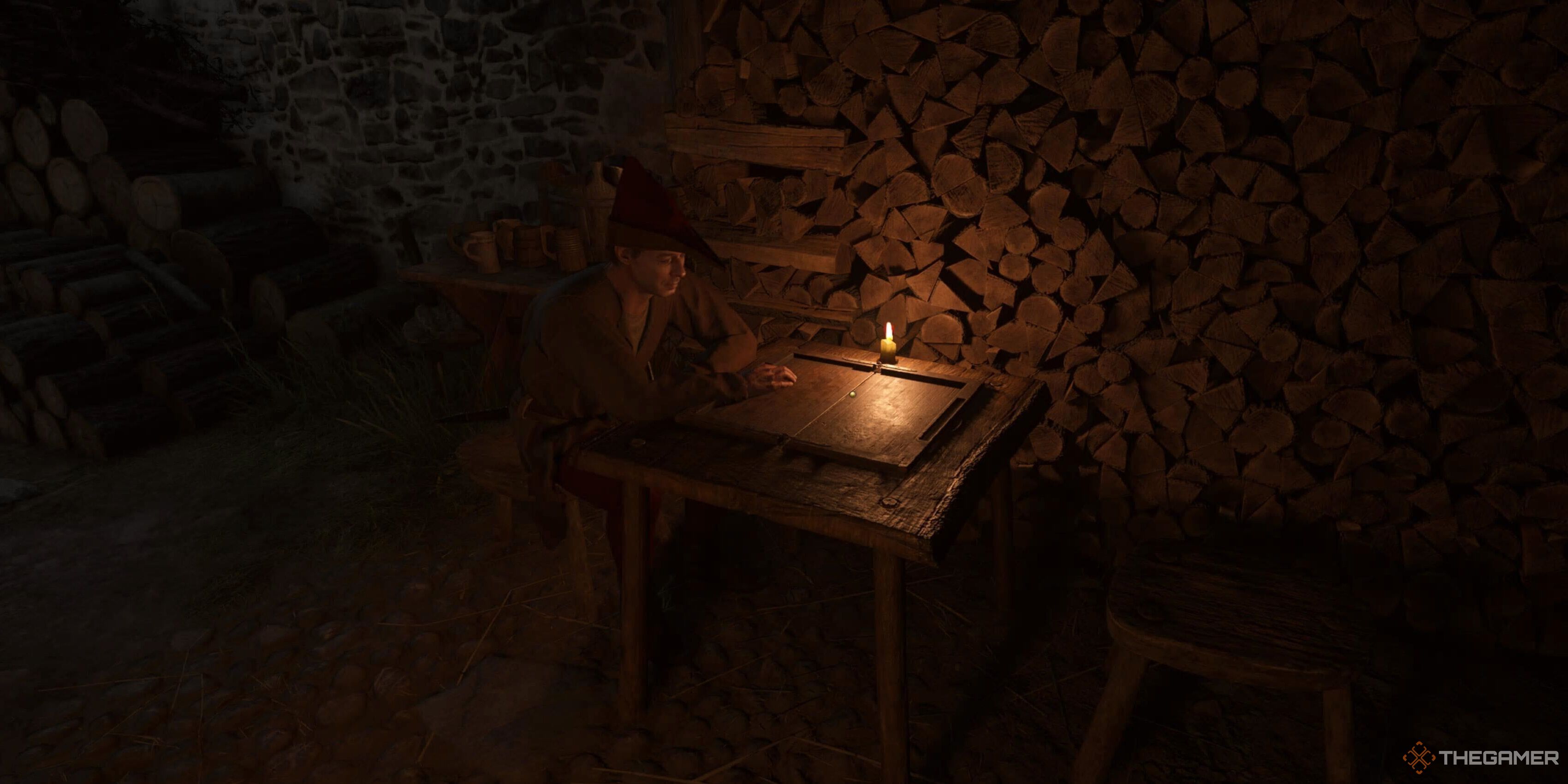 A man playing dice at a table in Kingdom Come: Deliverance 2.