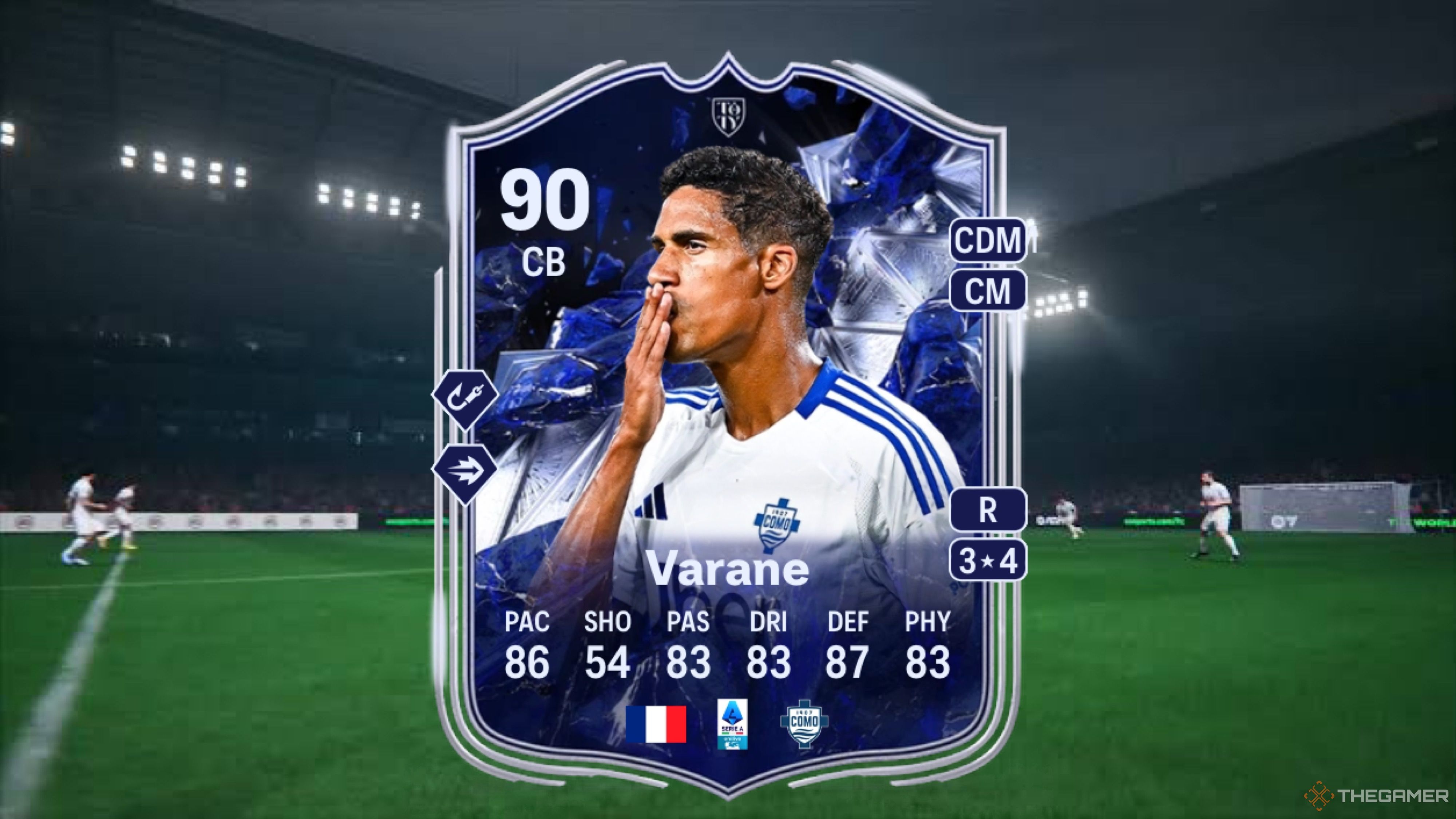 Image showing Varane card against a faded pitch background.