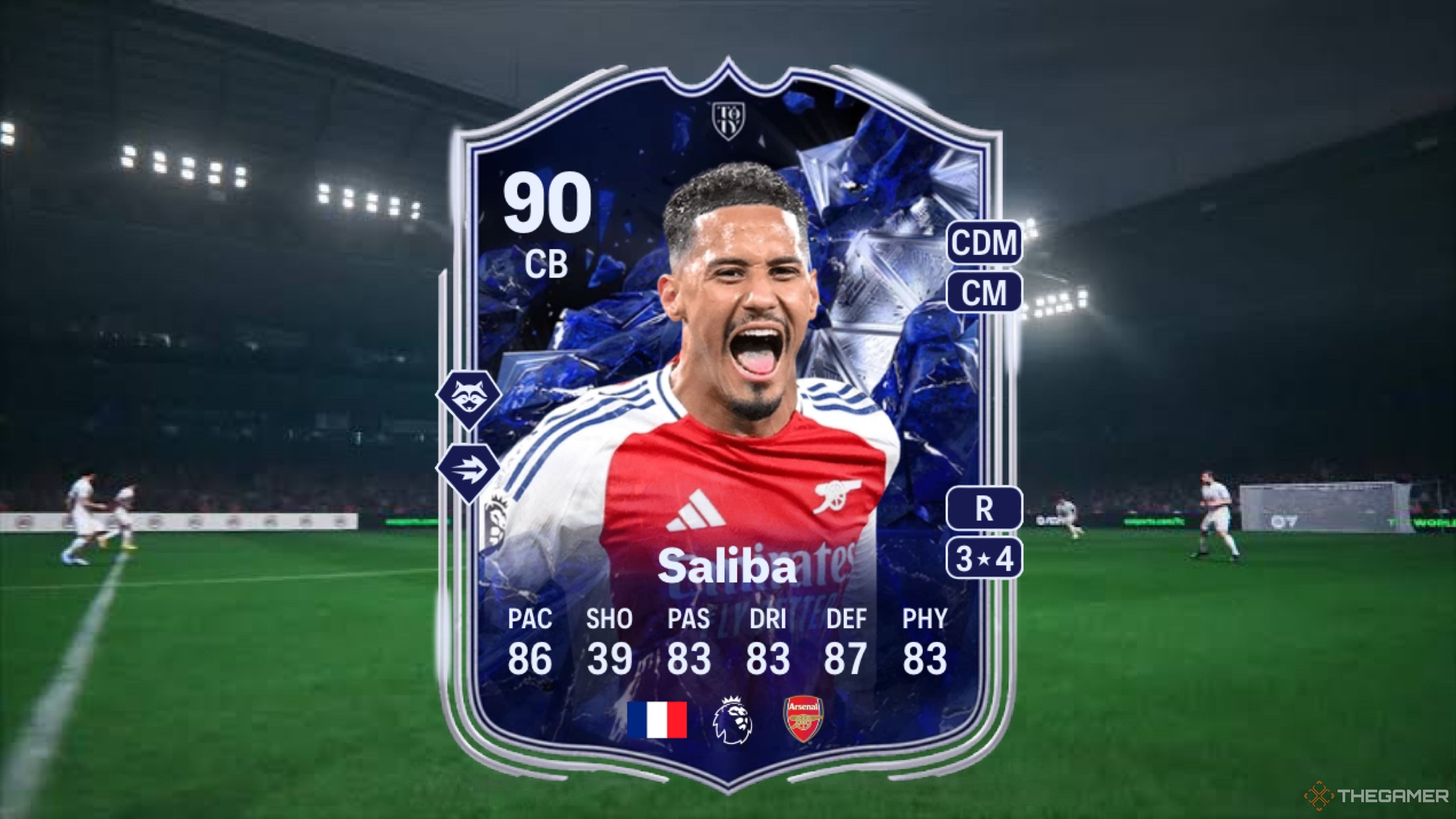 Image showing Saliba card against a faded pitch background.