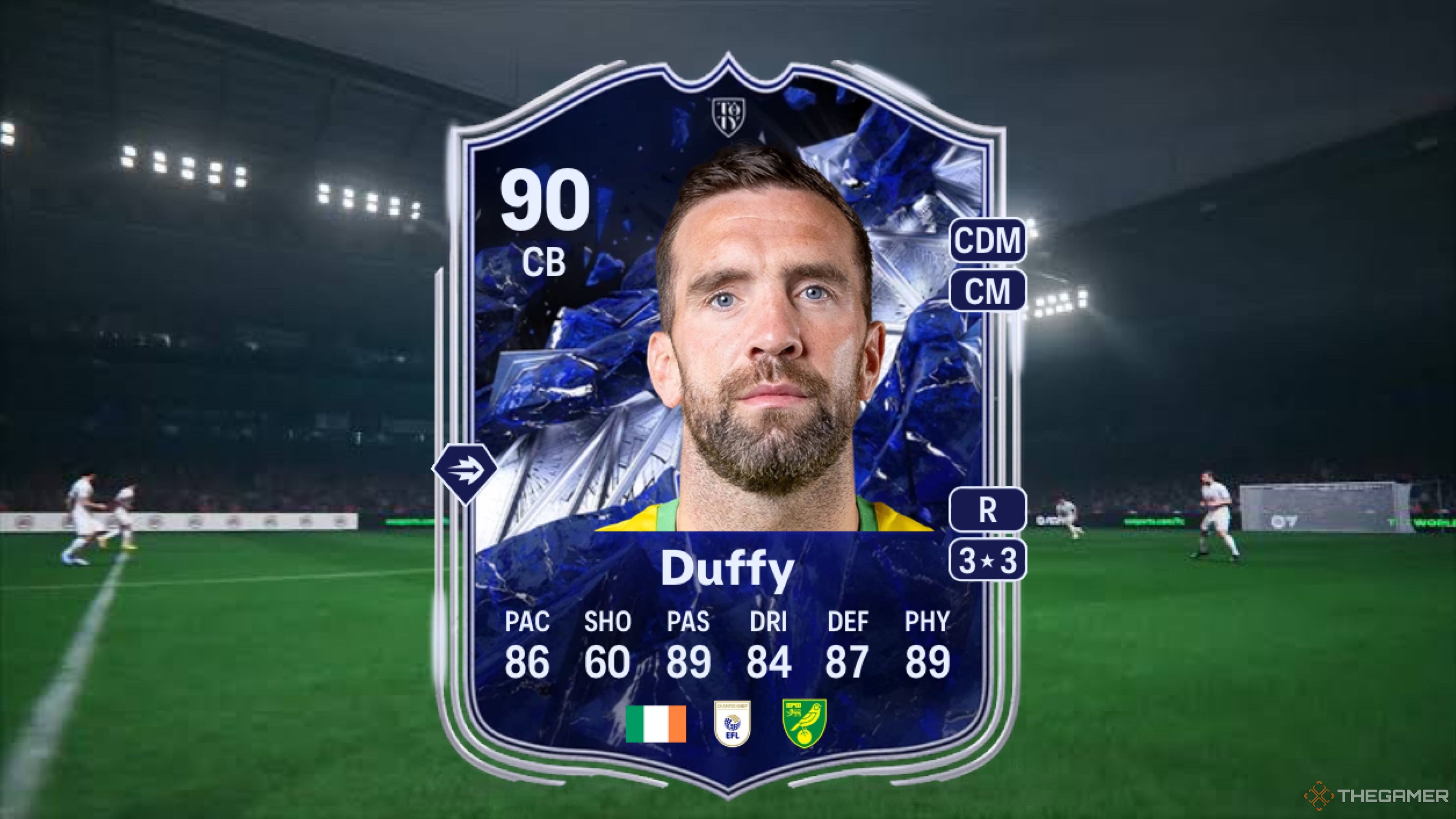 Image showing Duffy card against a faded pitch background.