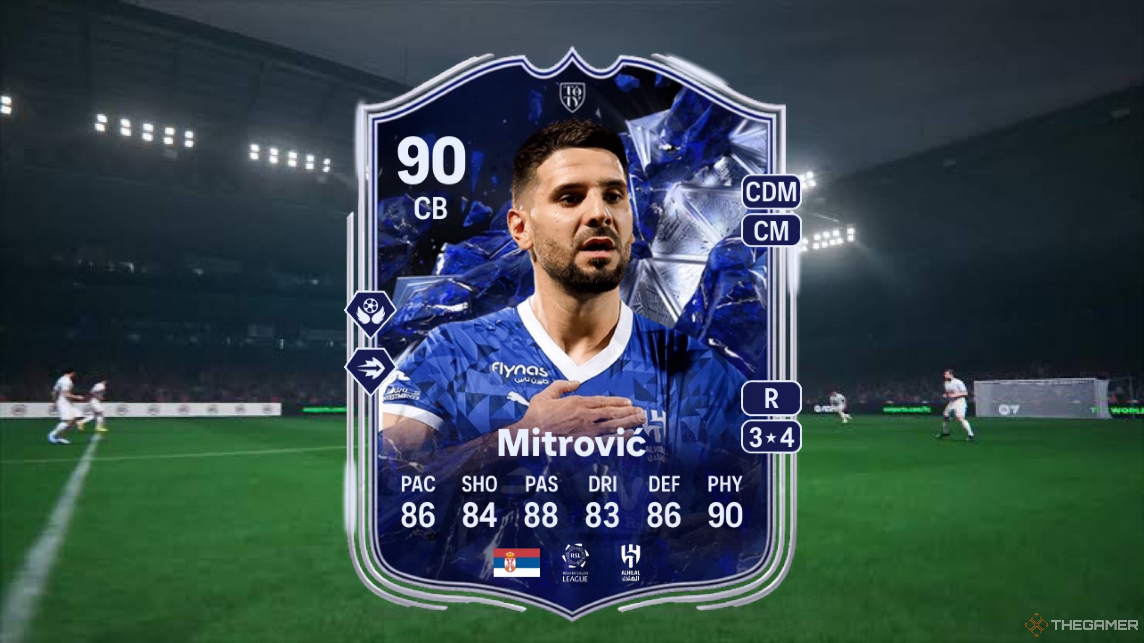 Image showing Mitrović card against a faded pitch background.