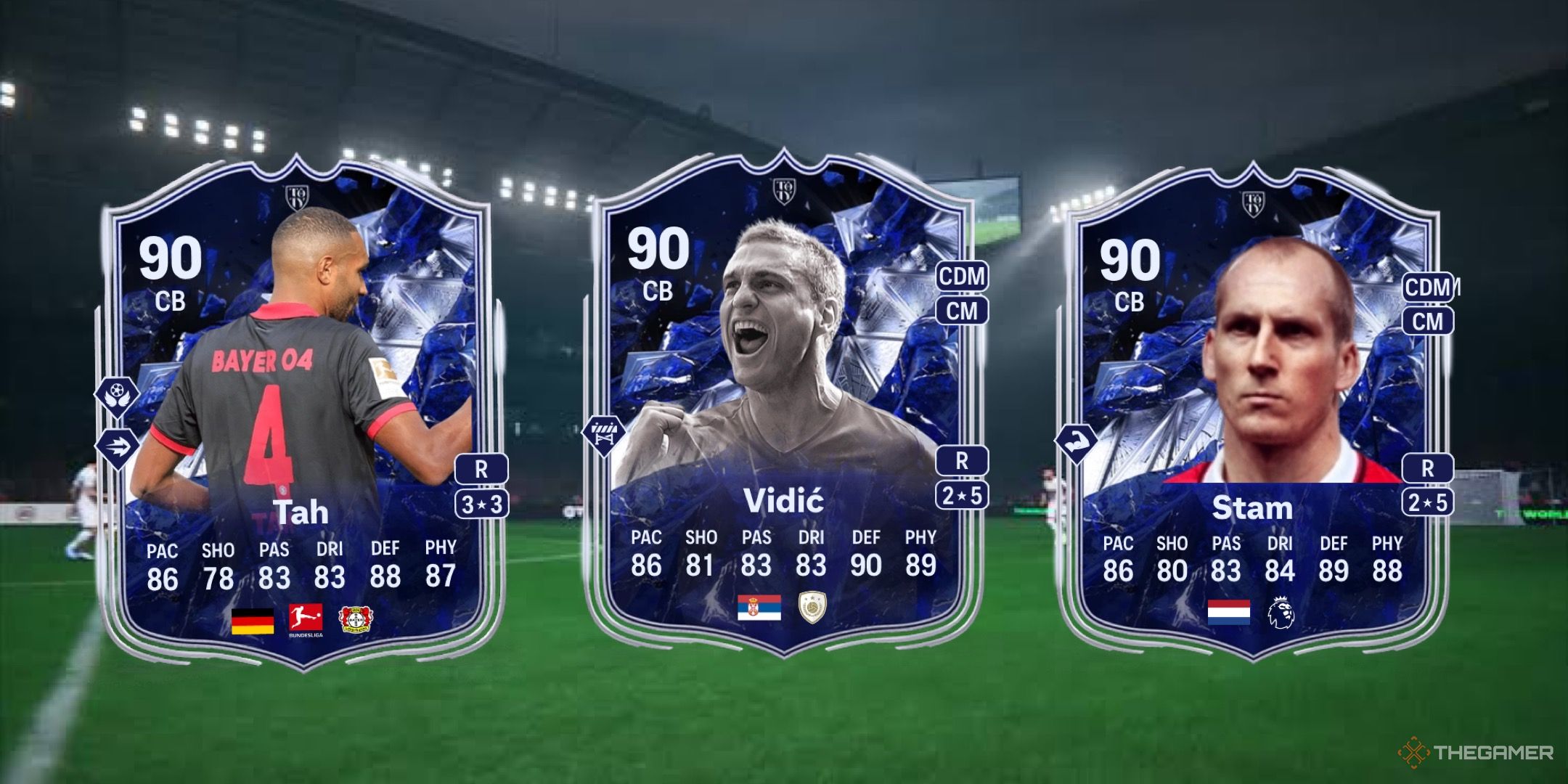 Image showing Tah, Vidić, and Stam card against a faded pitch background.