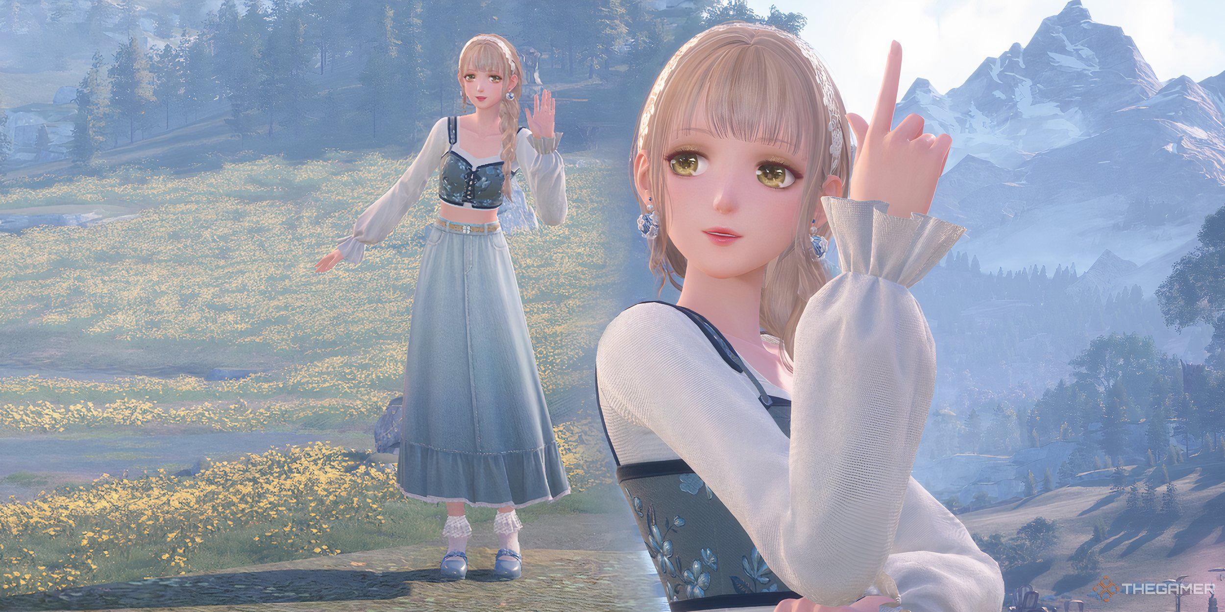Collage of Nikki in the Departing Blossom outfit posing for photos in nature.